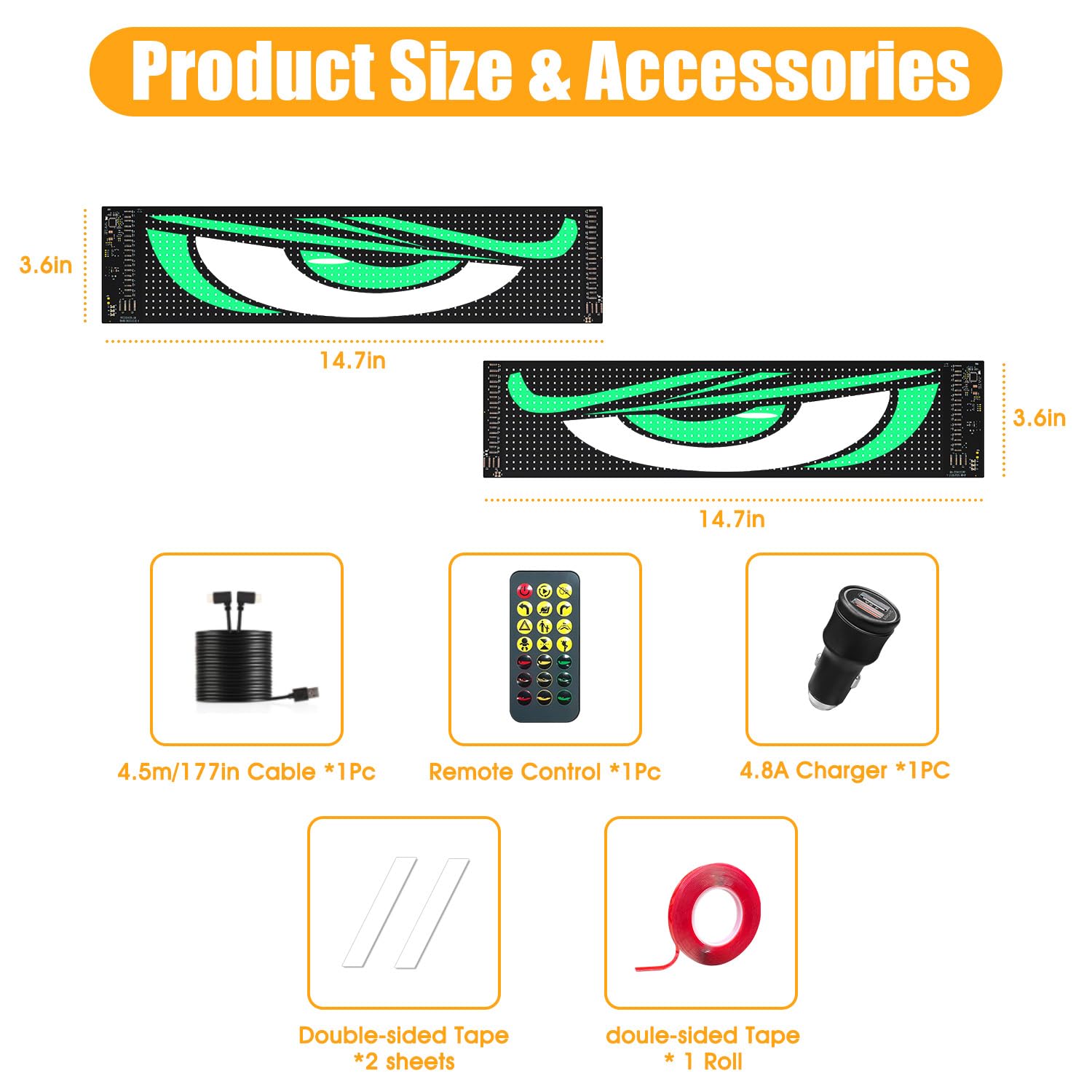 Eyes for Car 2-Pack:14.7"x3.6" Programmable ojos led para carro Windshield Display for Sedans, SUVs & Medium Trucks - USB-Powered LED Matrix Panel, Remote/App Control, Custom Car Sign
