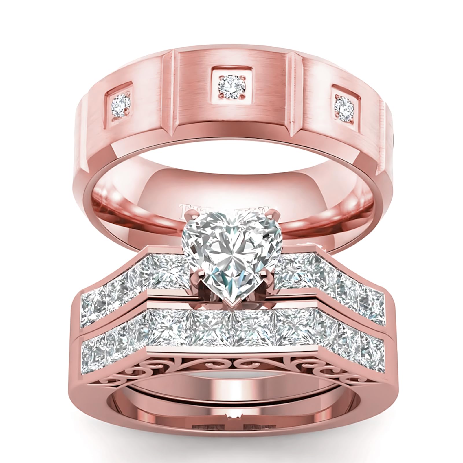 s925 10K 14K 18K Real Gold Couple Rings Sets, 3pcs Wedding Rings Set for Men and Women, Customized His and Her Matching Engagement Bands Set Free Engraving