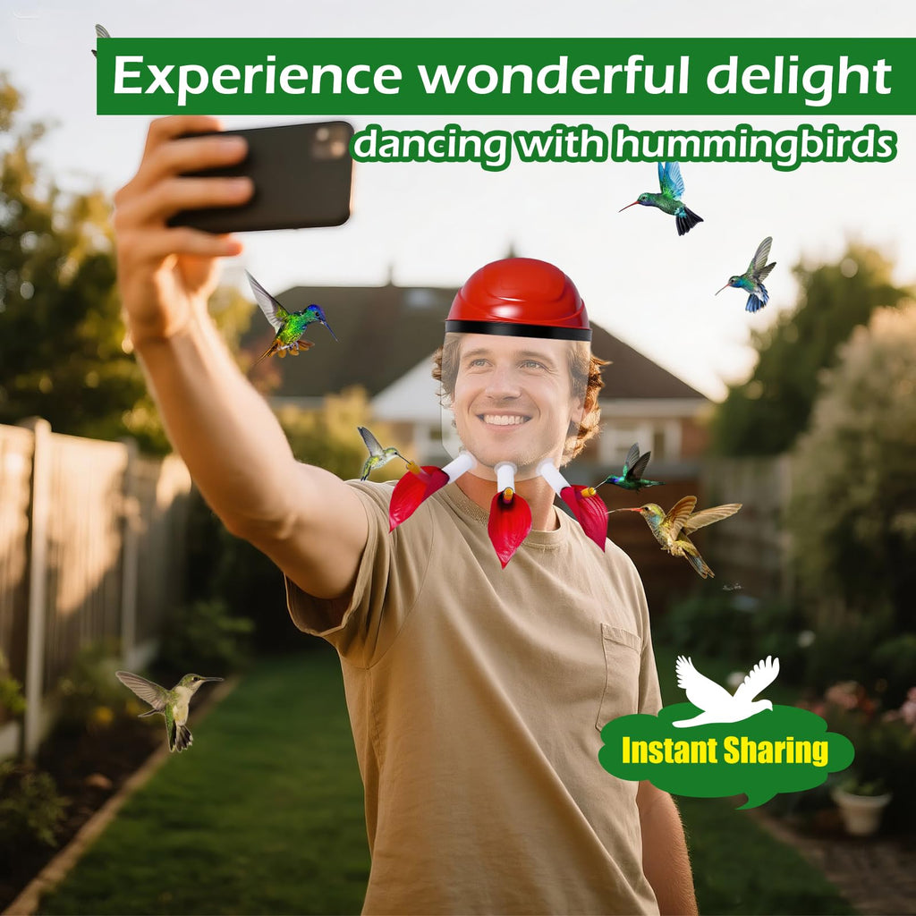 2025 Upgraded Hummingbird Feeder Helmet | Wearable Hummingbird Mask Feeder with Anti-Fog Lens & Bionic Flower | Adjustable for Adults & Teens Lightweight PVC Red