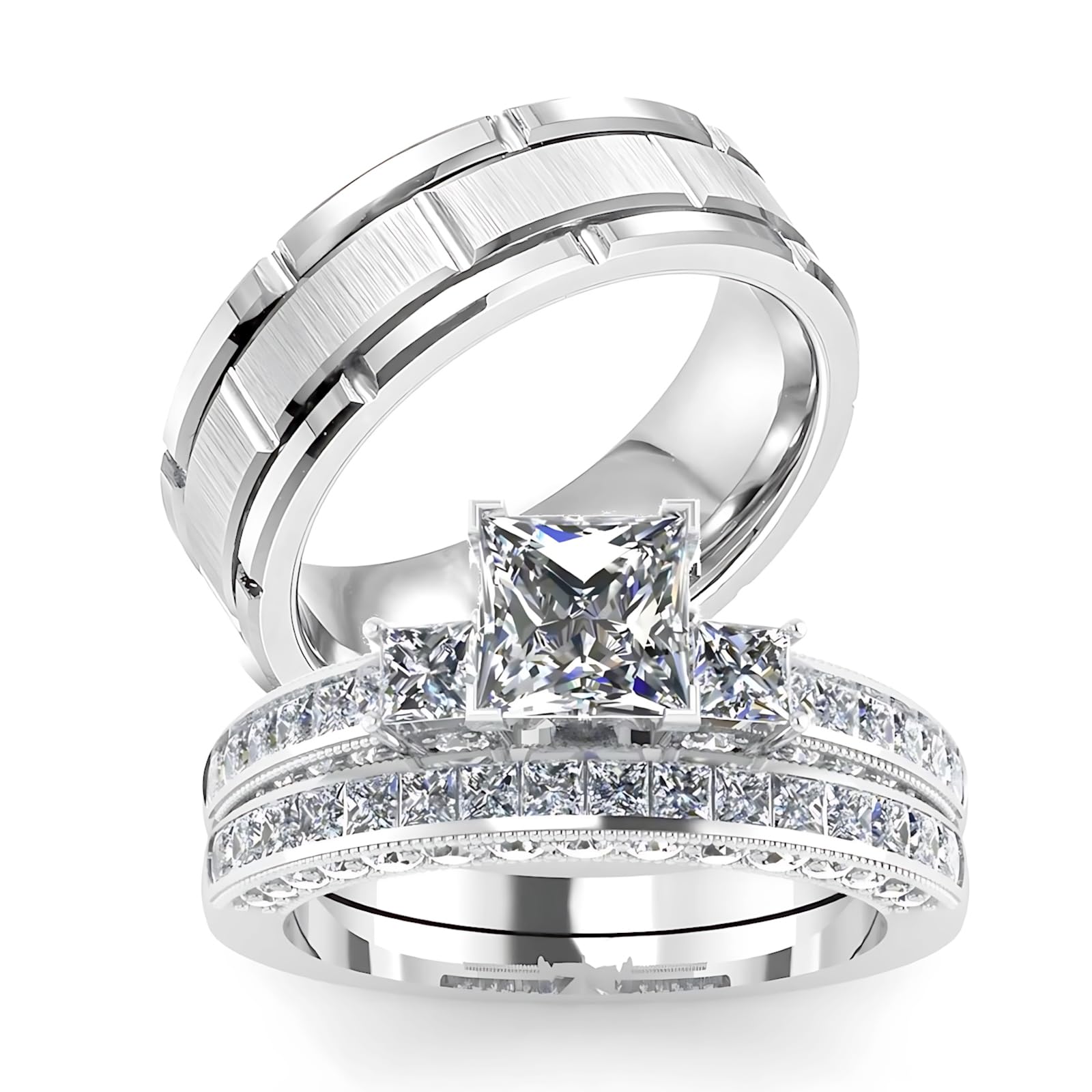 s925 10K 14K 18K Real Gold Couple Rings Sets, 3pcs Wedding Rings Set for Men and Women, Customized His and Her Matching Engagement Bands Set Free Engraving