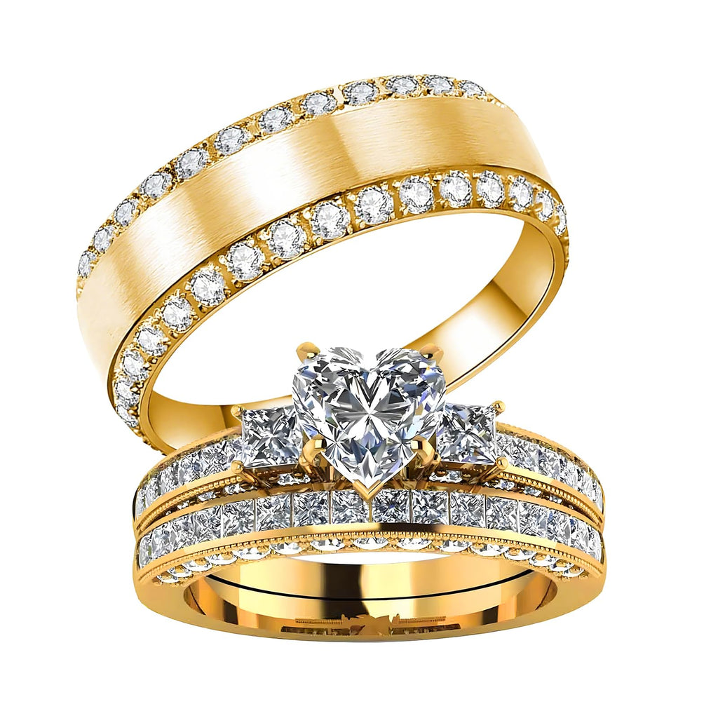 s925 10K 14K 18K Real Gold Couple Rings Sets, 3pcs Wedding Rings Set for Men and Women, Customized His and Her Matching Engagement Bands Set Free Engraving