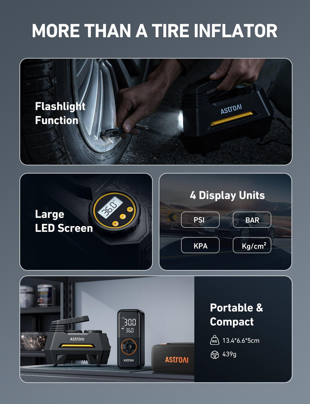 AstroAI AIRUN H Tire Inflator Portable Air Compressor,9.8Ft Cord-12VDC-Powered Auto Shut-Off,Fast Inflation Electric Air Pump for Car Tires-Car Accessories with Digital Pressure Gauge,LED Light,Yellow