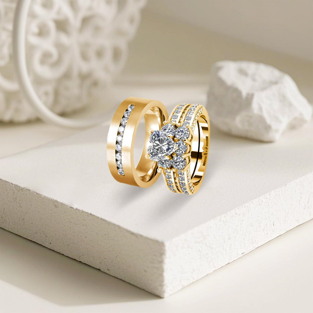 s925 10K 14K 18K Real Gold Couple Rings Sets, 3pcs Wedding Rings Set for Men and Women, Customized His and Her Matching Engagement Bands Set Free Engraving