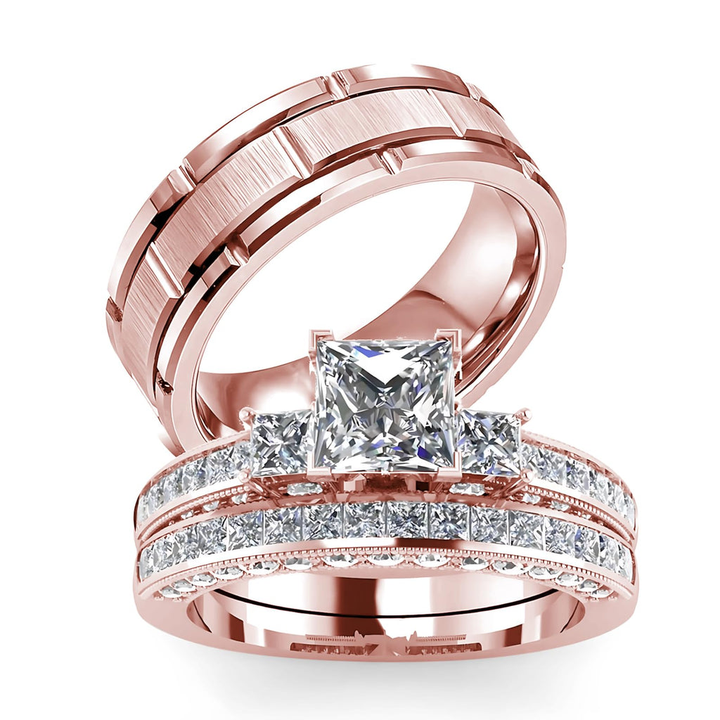 s925 10K 14K 18K Real Gold Couple Rings Sets, 3pcs Wedding Rings Set for Men and Women, Customized His and Her Matching Engagement Bands Set Free Engraving