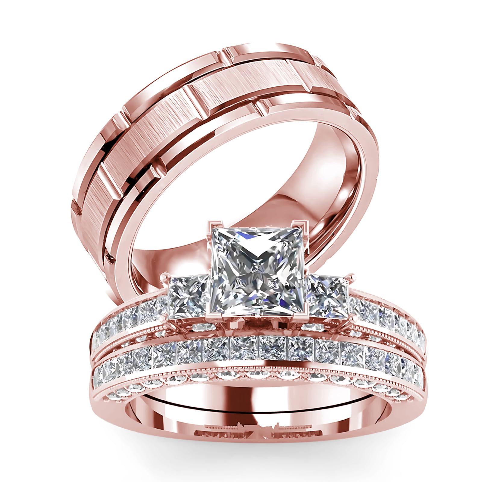 s925 10K 14K 18K Real Gold Couple Rings Sets, 3pcs Wedding Rings Set for Men and Women, Customized His and Her Matching Engagement Bands Set Free Engraving