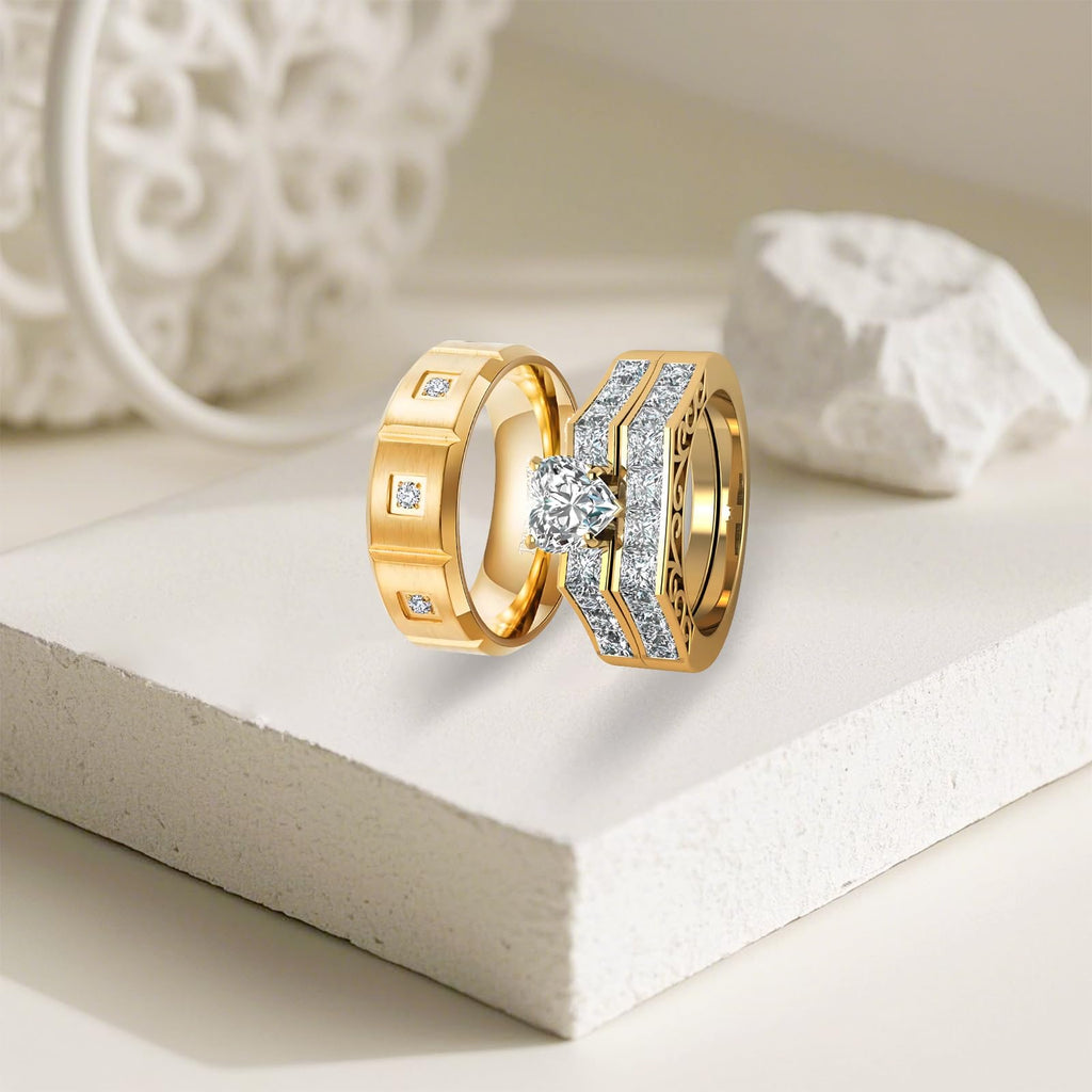 s925 10K 14K 18K Real Gold Couple Rings Sets, 3pcs Wedding Rings Set for Men and Women, Customized His and Her Matching Engagement Bands Set Free Engraving
