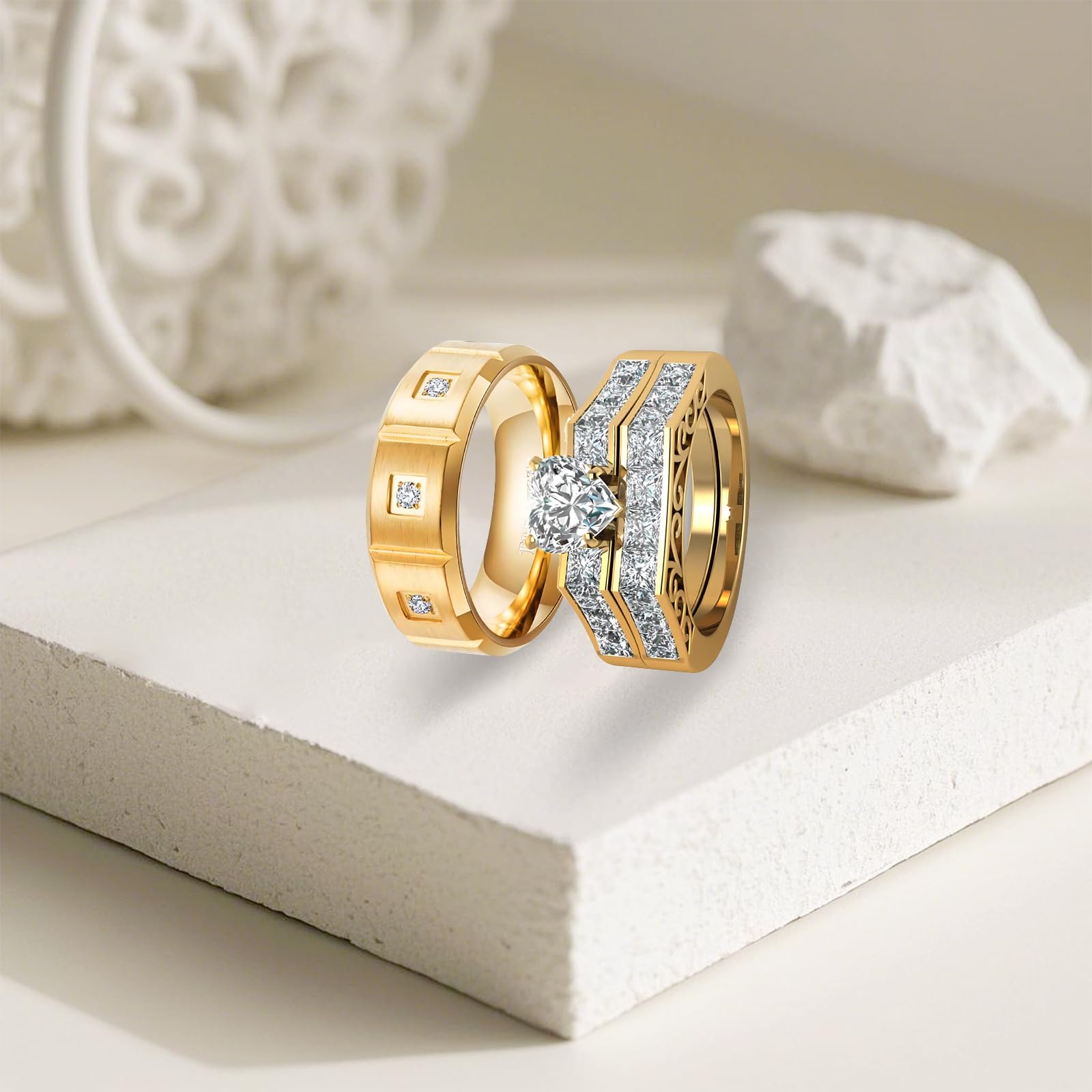 s925 10K 14K 18K Real Gold Couple Rings Sets, 3pcs Wedding Rings Set for Men and Women, Customized His and Her Matching Engagement Bands Set Free Engraving