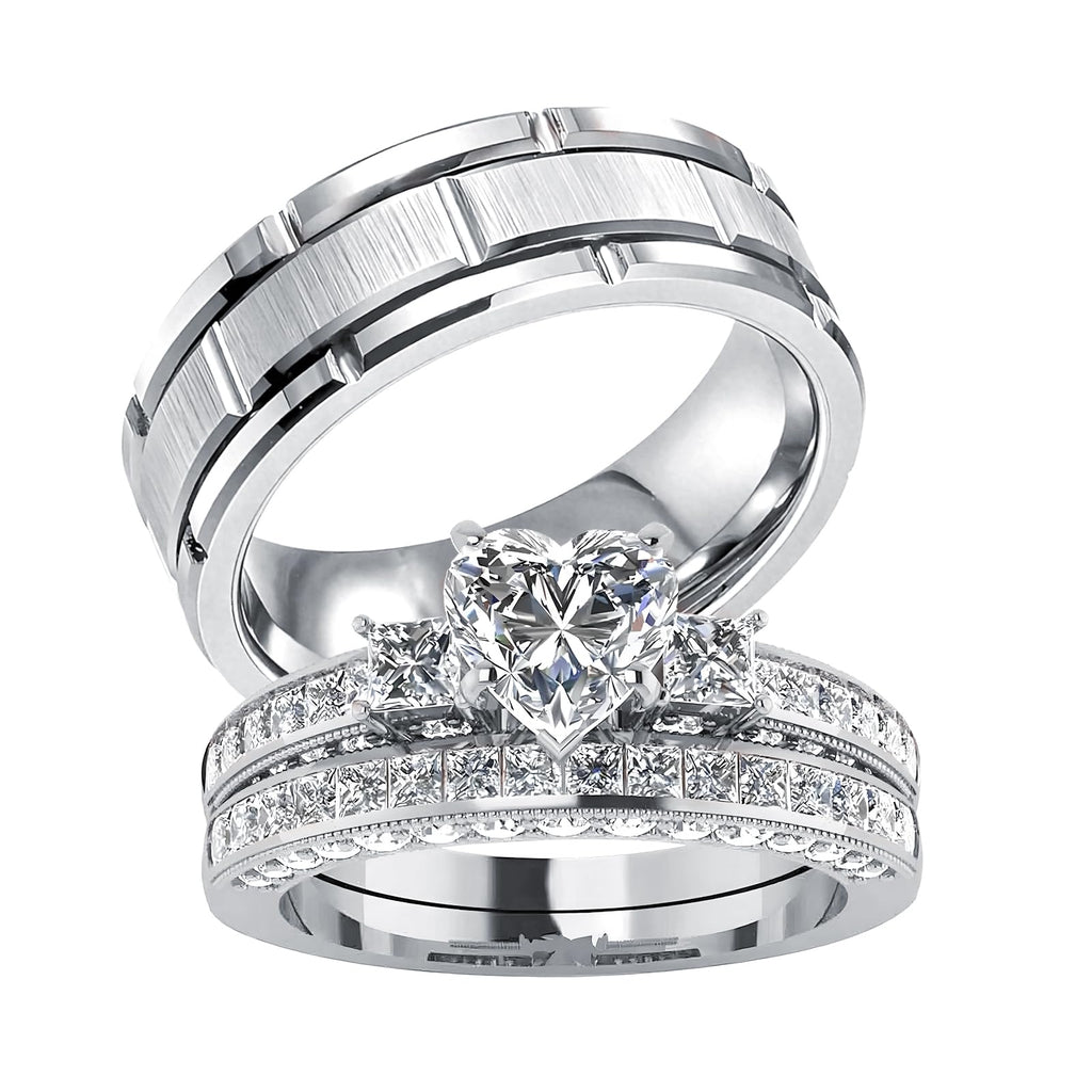 s925 10K 14K 18K Real Gold Couple Rings Sets, 3pcs Wedding Rings Set for Men and Women, Customized His and Her Matching Engagement Bands Set Free Engraving