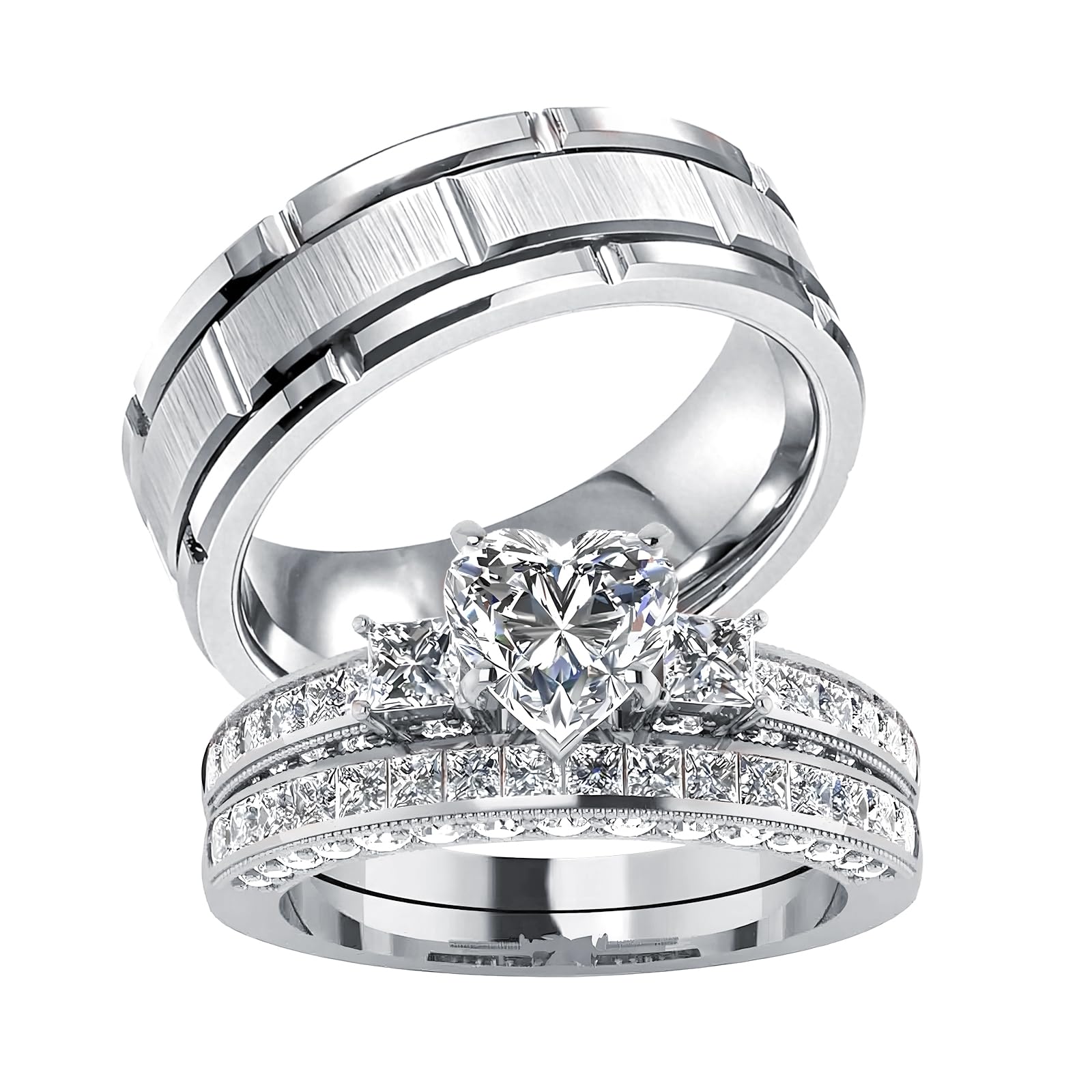 s925 10K 14K 18K Real Gold Couple Rings Sets, 3pcs Wedding Rings Set for Men and Women, Customized His and Her Matching Engagement Bands Set Free Engraving