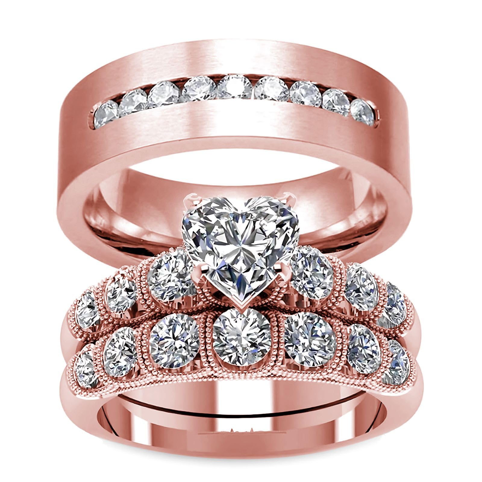 s925 10K 14K 18K Real Gold Couple Rings Sets, 3pcs Wedding Rings Set for Men and Women, Customized His and Her Matching Engagement Bands Set Free Engraving