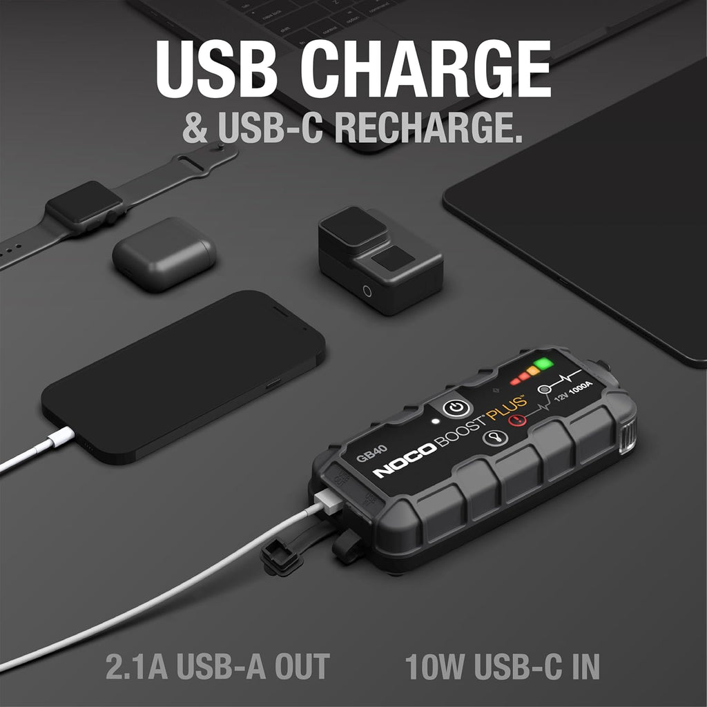 NOCO Boost GB40: 1000A UltraSafe Jump Starter – 12V Lithium Battery Booster Pack, Portable Jump Box, Power Bank & Jumper Cables - for 6.0L Gas and 3.0L Diesel Engines | Spark-Proof + Reverse Polarity Protection - Power Bank - 100-Lumen LED Flashlight - Fo