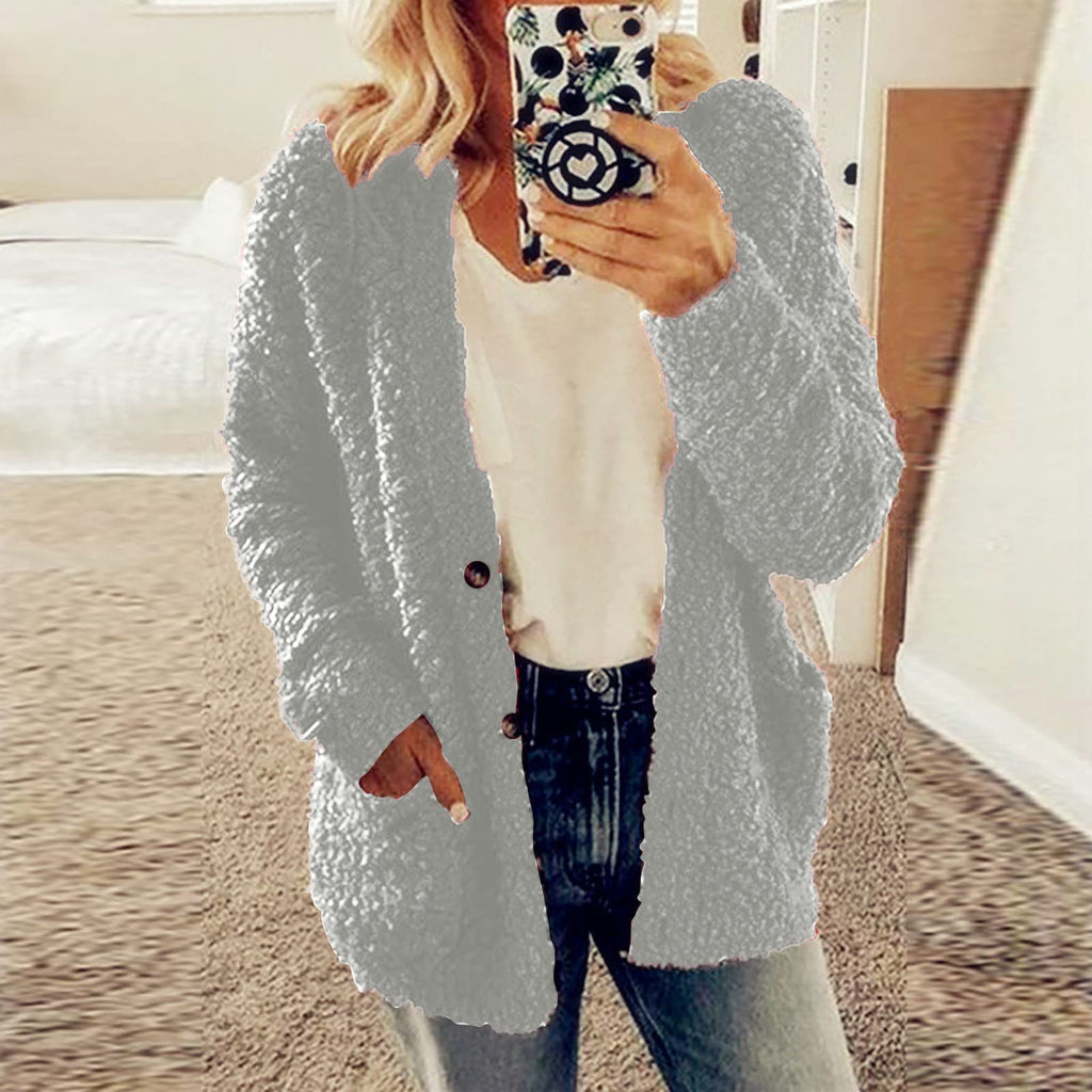 Cdiecer Fuzzy Jackets for Women Winter Sherpa Coat Autumn Winter Fleece Jacket Button Solid Color Cardigan With Pockets