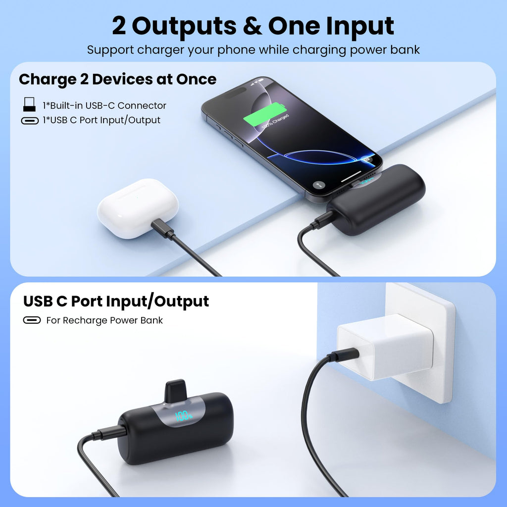 Mini Portable Charger USB C Power Bank,Upgraded 5000mAh PD Fast Charging Battery Pack Built-in USB-C Connector Travel Essential for iPhone17/17Pro/17Pro Max/Air/16 Plus/16Pro Max/15 Series Android