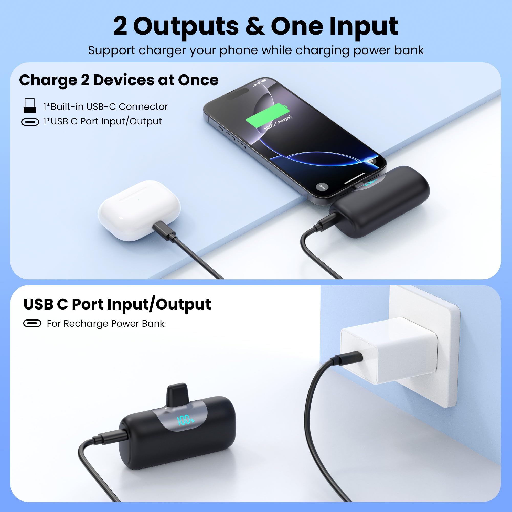 Mini Portable Charger USB C Power Bank,Upgraded 5000mAh PD Fast Charging Battery Pack Built-in USB-C Connector Travel Essential for iPhone17/17Pro/17Pro Max/Air/16 Plus/16Pro Max/15 Series Android