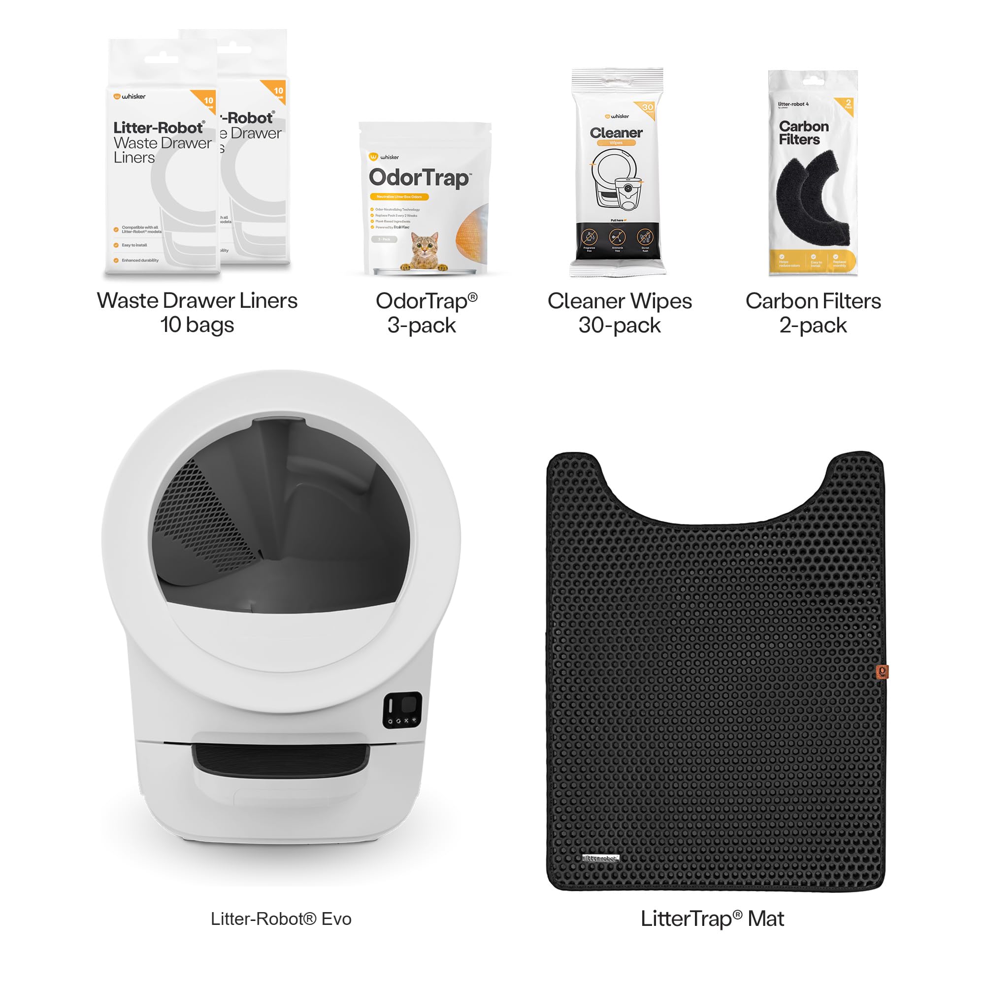 Litter-Robot EVO Bundle by Whisker, Black - Automatic Self-Cleaning Cat Litter Box, Compact Space-Saving Design, Advanced Odor Control, Includes Robot, Mat, and Supply Kit (Black)