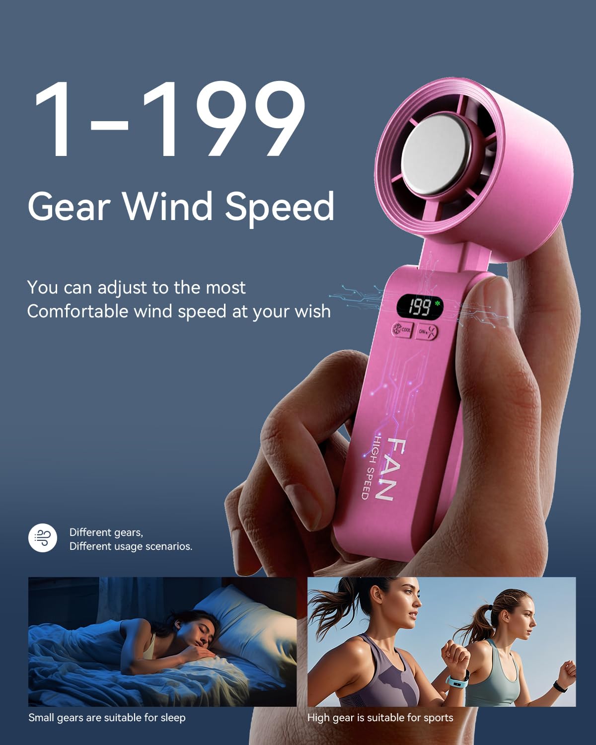 Handheld Portable Turbo Fan with Ice Cooler, Speed (1-199) Rechargeable Personal Fan[20000 RPM] Small Pocket Fans for Travel/Outdoor/Home/Office, Purple