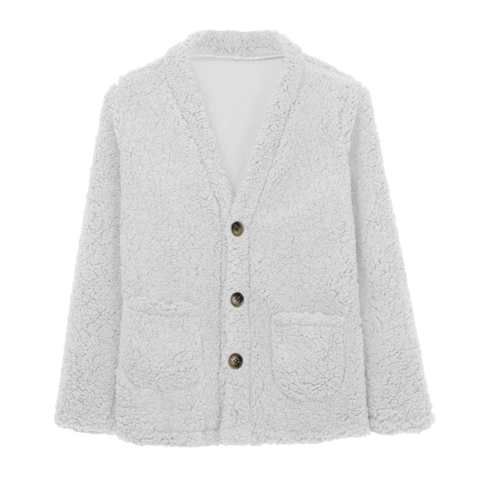 Cdiecer Fuzzy Jackets for Women Winter Sherpa Coat Autumn Winter Fleece Jacket Button Solid Color Cardigan With Pockets