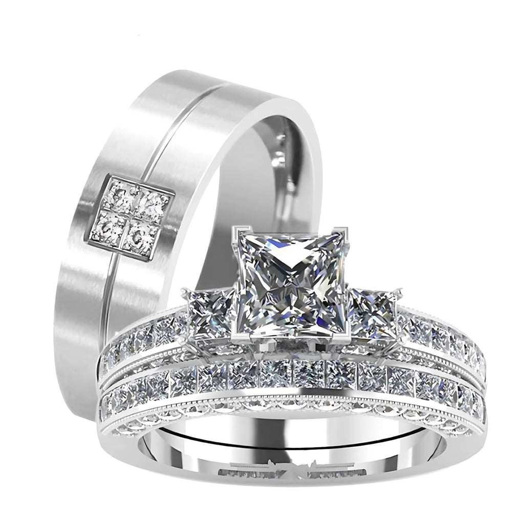 s925 10K 14K 18K Real Gold Couple Rings Sets, 3pcs Wedding Rings Set for Men and Women, Customized His and Her Matching Engagement Bands Set Free Engraving