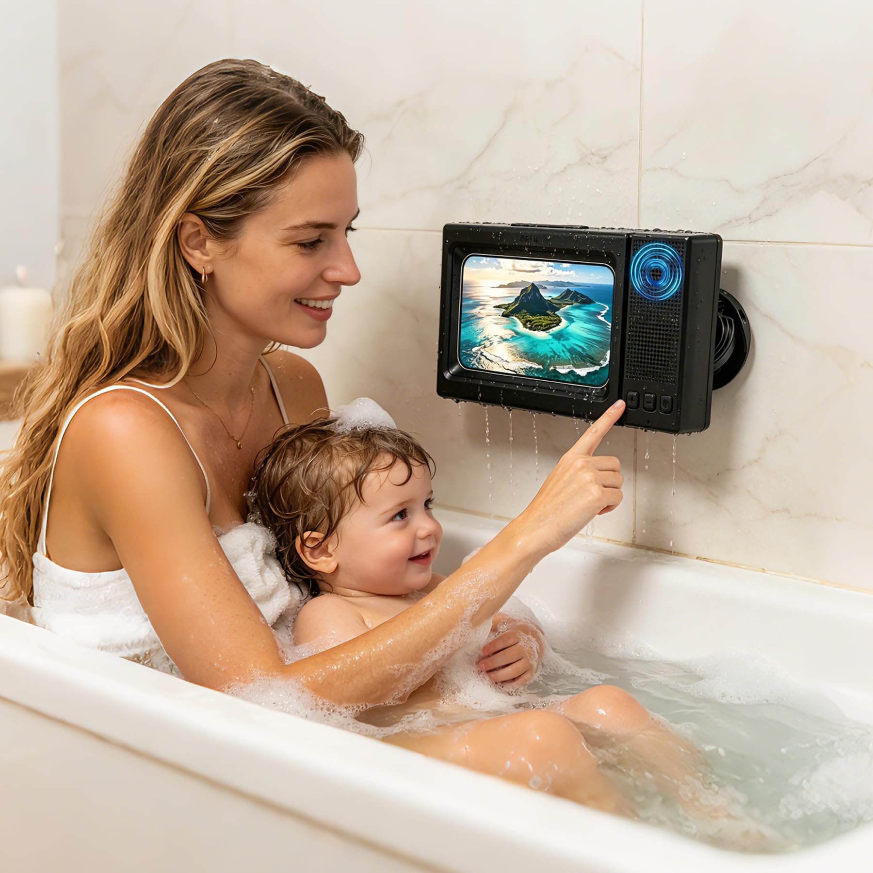 Shower Phone Holder with Wireless Bluetooth Speaker,2026 New Waterproof 480 Rotation Viewable Shower Phone Case Speaker for Any Phone, Wall Mounted Phoneholder for Bathroom Mirror,Gifts for Mom Dad