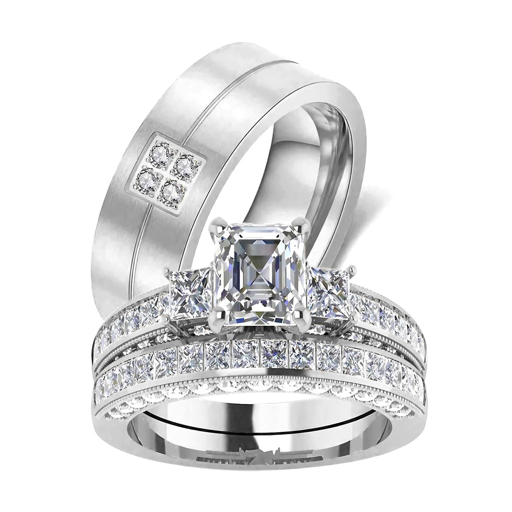 s925 10K 14K 18K Real Gold Couple Rings Sets, 3pcs Wedding Rings Set for Men and Women, Customized His and Her Matching Engagement Bands Set Free Engraving