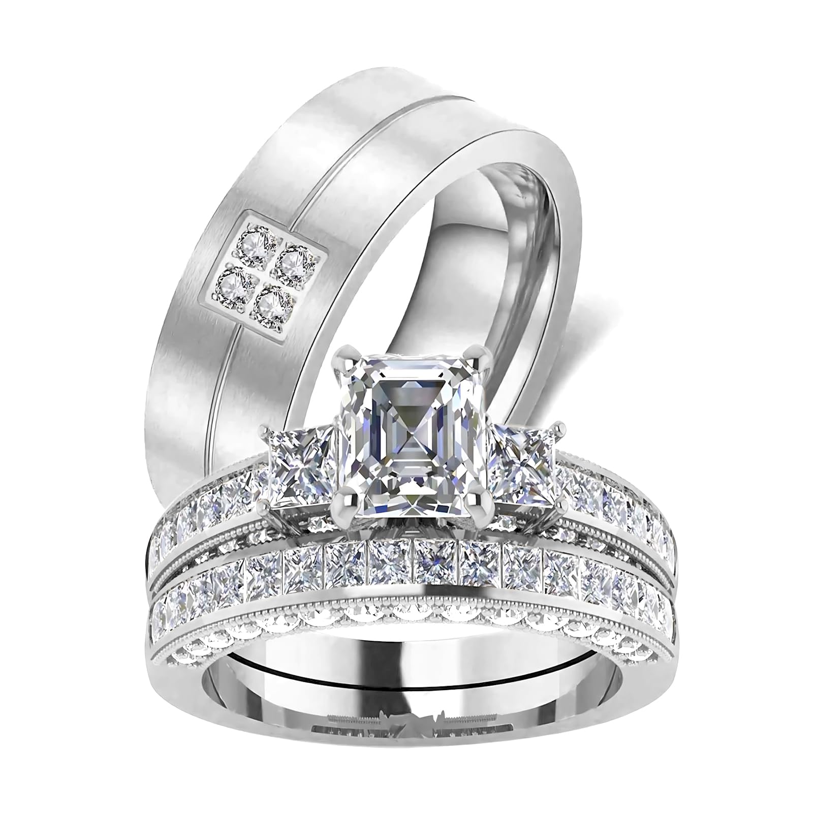 s925 10K 14K 18K Real Gold Couple Rings Sets, 3pcs Wedding Rings Set for Men and Women, Customized His and Her Matching Engagement Bands Set Free Engraving