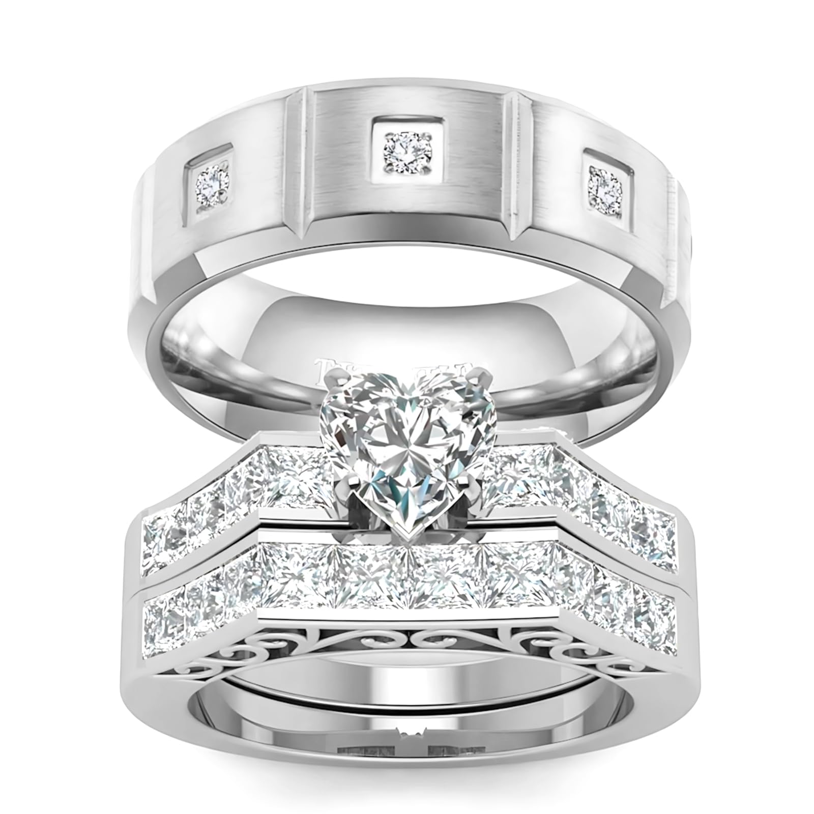 s925 10K 14K 18K Real Gold Couple Rings Sets, 3pcs Wedding Rings Set for Men and Women, Customized His and Her Matching Engagement Bands Set Free Engraving