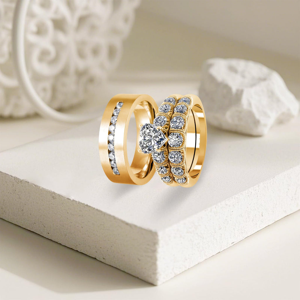 s925 10K 14K 18K Real Gold Couple Rings Sets, 3pcs Wedding Rings Set for Men and Women, Customized His and Her Matching Engagement Bands Set Free Engraving