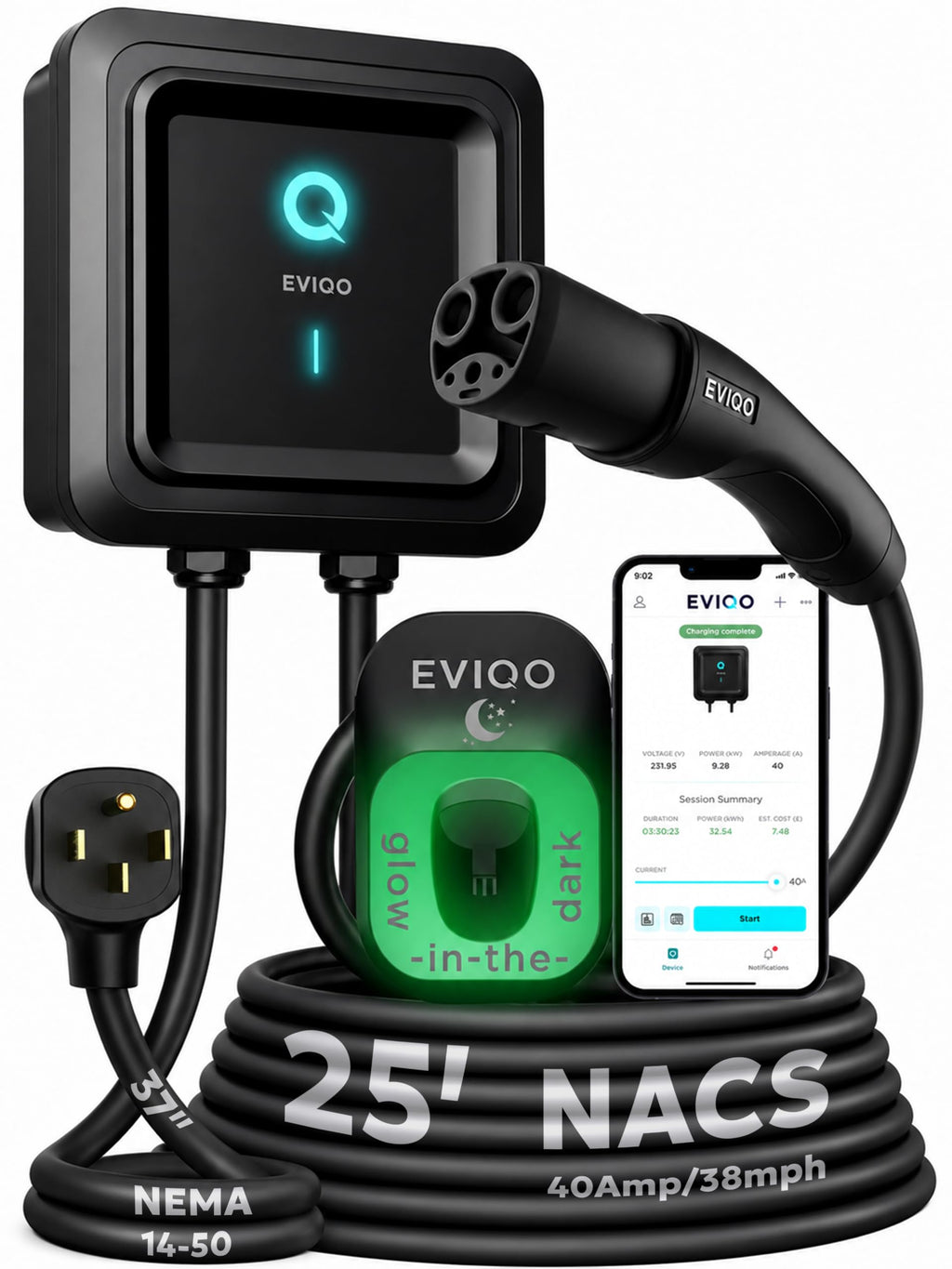 EVIQO NACS Charger for Tesla 48 Amp 240V Hardwired Level 2 EV Charger - Wall EV Charger Level 2, 25ft Cable, WiFi (2.4 GHz) Smart App - Weatherproof, Outdoor (IP66,NEMA 4) UL, ETL Certified