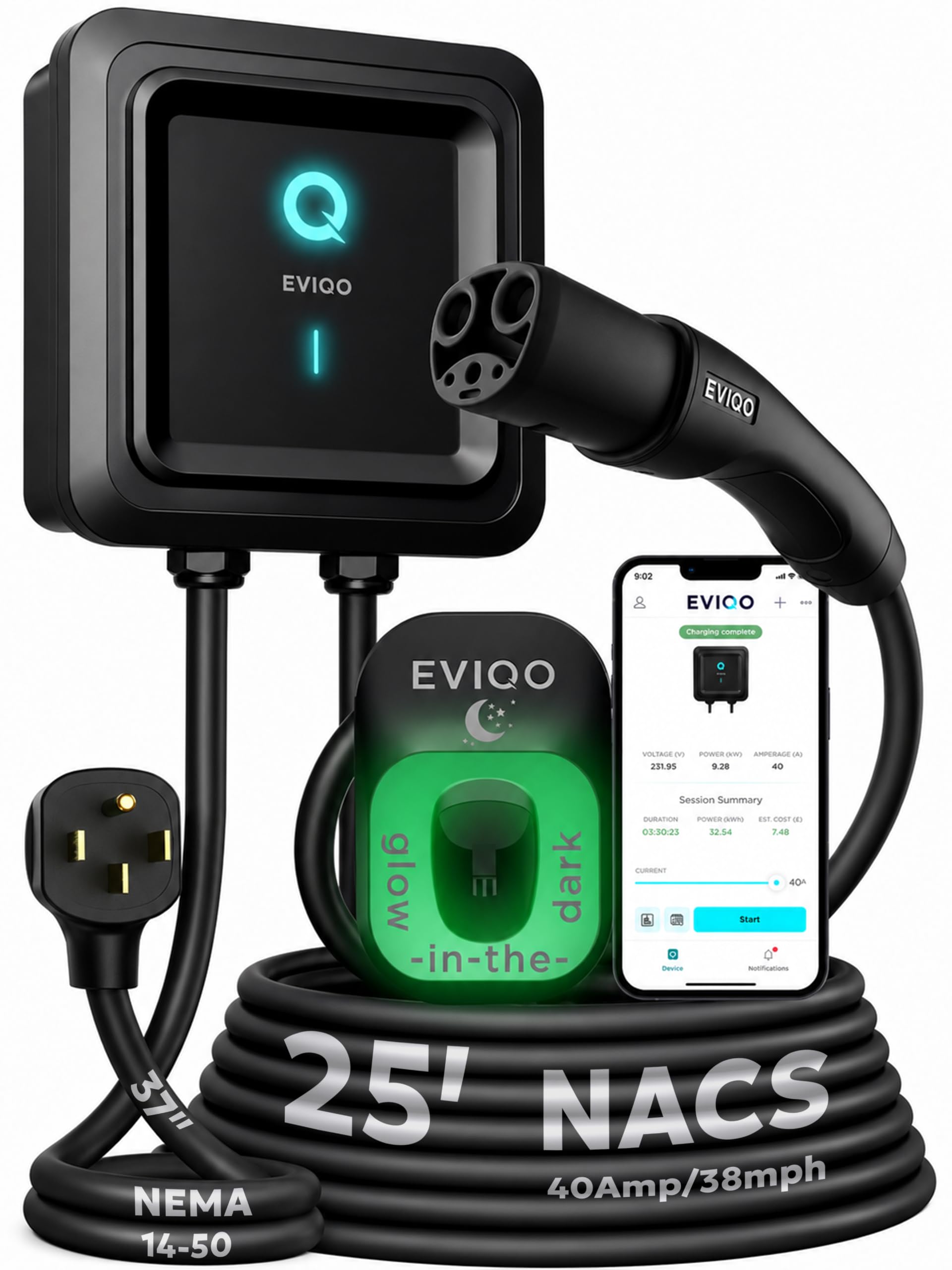EVIQO NACS Charger for Tesla 48 Amp 240V Hardwired Level 2 EV Charger - Wall EV Charger Level 2, 25ft Cable, WiFi (2.4 GHz) Smart App - Weatherproof, Outdoor (IP66,NEMA 4) UL, ETL Certified