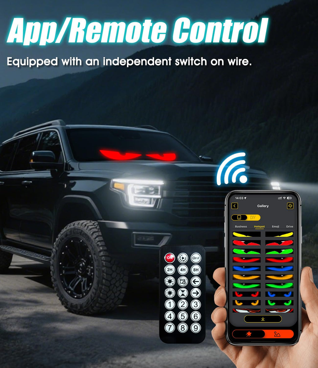 Eyes for Car 2-Pack:14.7"x3.6" Programmable ojos led para carro Windshield Display for Sedans, SUVs & Medium Trucks - USB-Powered LED Matrix Panel, Remote/App Control, Custom Car Sign
