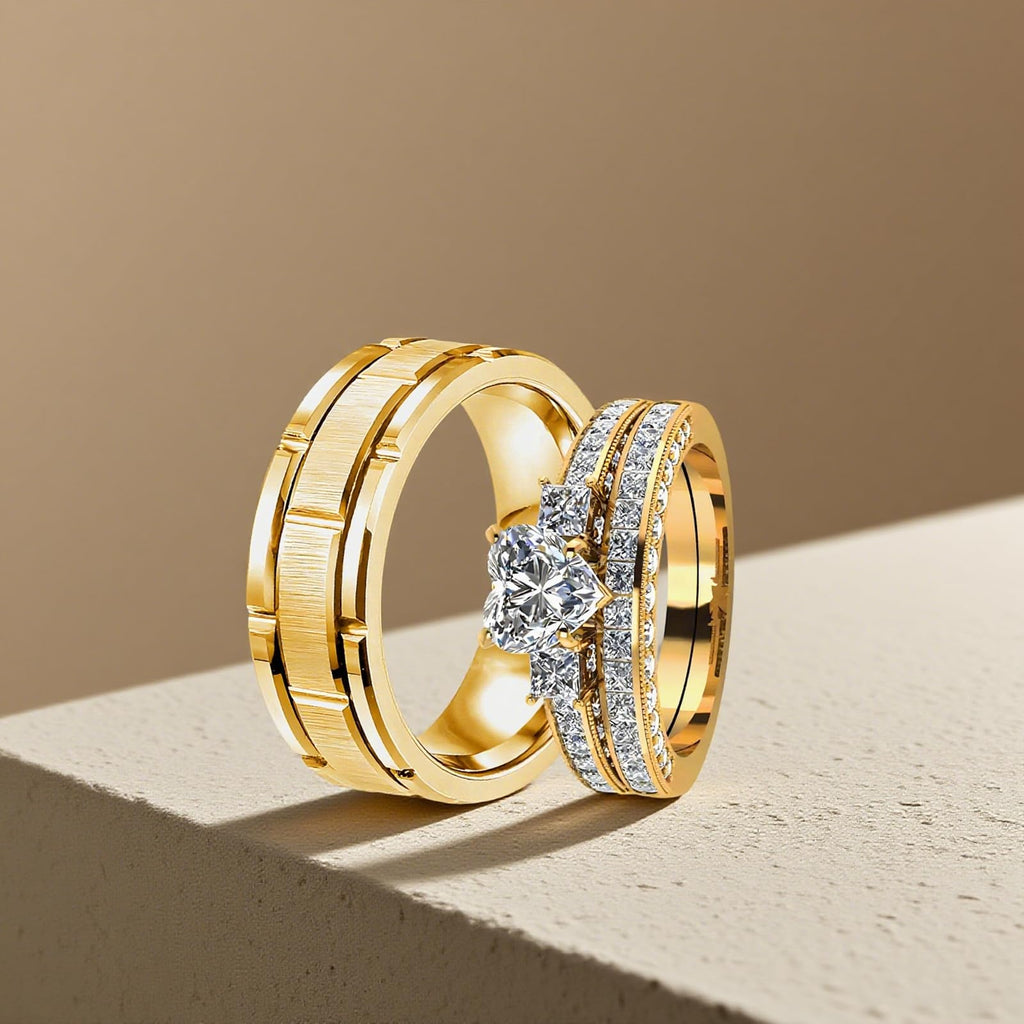 s925 10K 14K 18K Real Gold Couple Rings Sets, 3pcs Wedding Rings Set for Men and Women, Customized His and Her Matching Engagement Bands Set Free Engraving