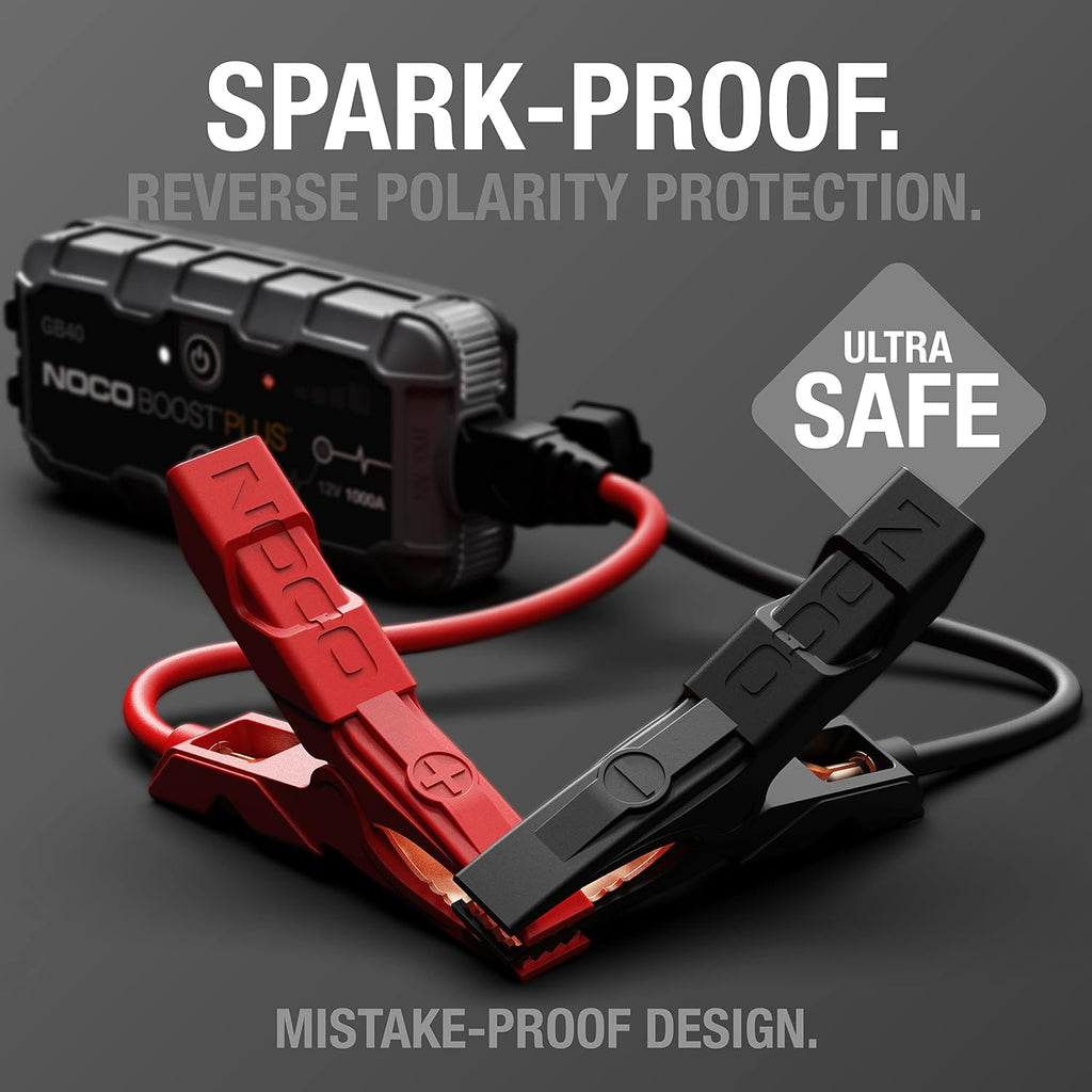 NOCO Boost GB40: 1000A UltraSafe Jump Starter – 12V Lithium Battery Booster Pack, Portable Jump Box, Power Bank & Jumper Cables - for 6.0L Gas and 3.0L Diesel Engines | Spark-Proof + Reverse Polarity Protection - Power Bank - 100-Lumen LED Flashlight - Fo