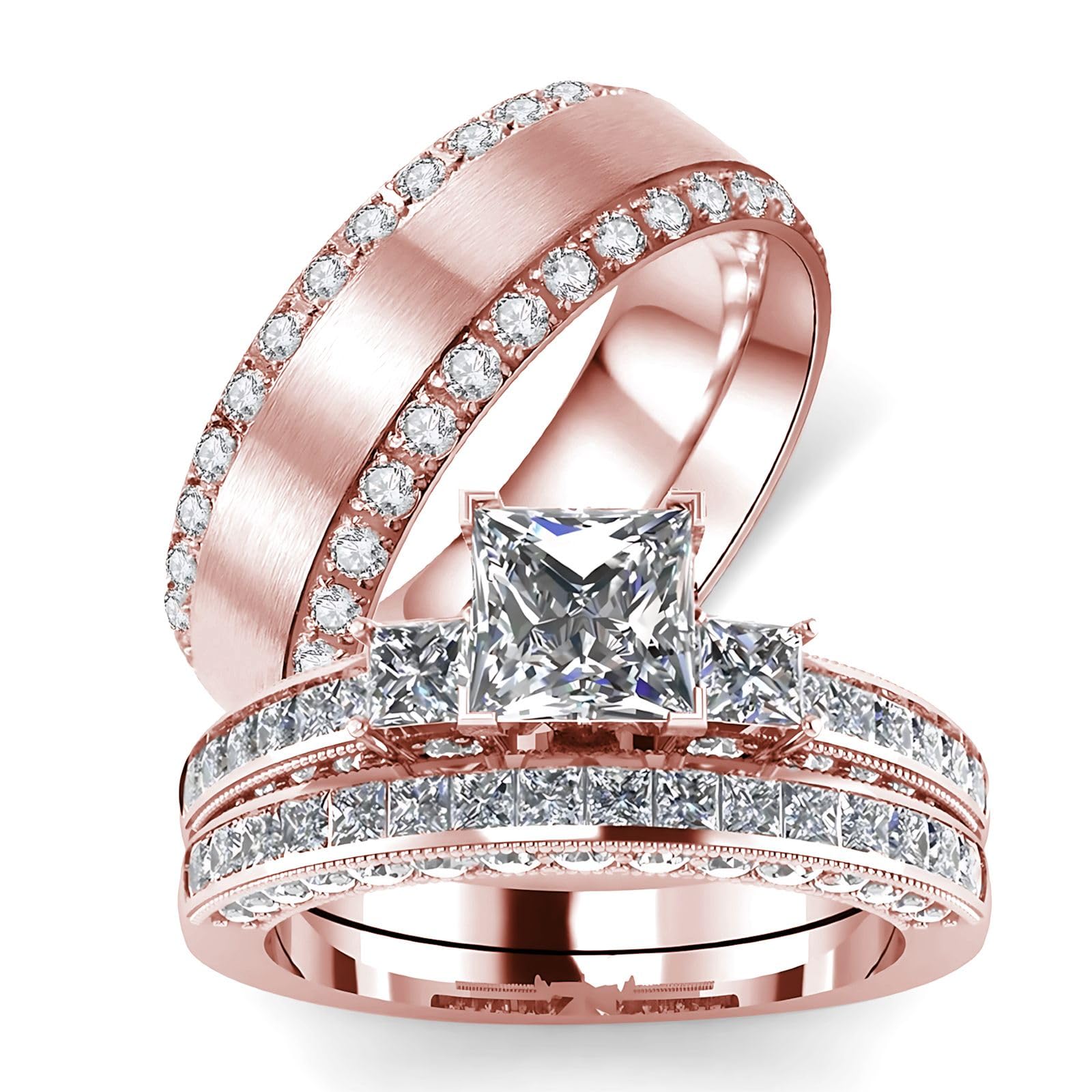 s925 10K 14K 18K Real Gold Couple Rings Sets, 3pcs Wedding Rings Set for Men and Women, Customized His and Her Matching Engagement Bands Set Free Engraving