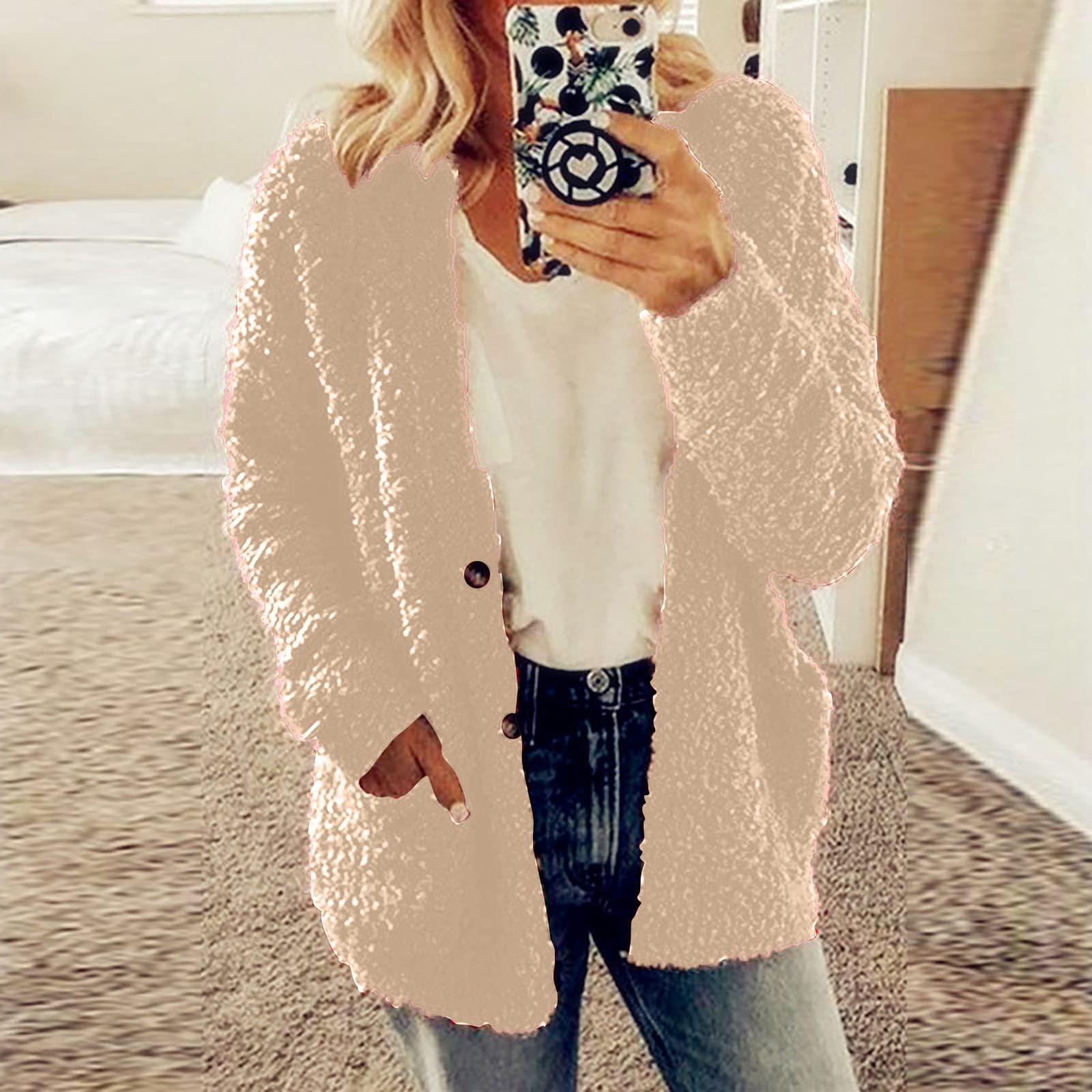 Cdiecer Fuzzy Jackets for Women Winter Sherpa Coat Autumn Winter Fleece Jacket Button Solid Color Cardigan With Pockets