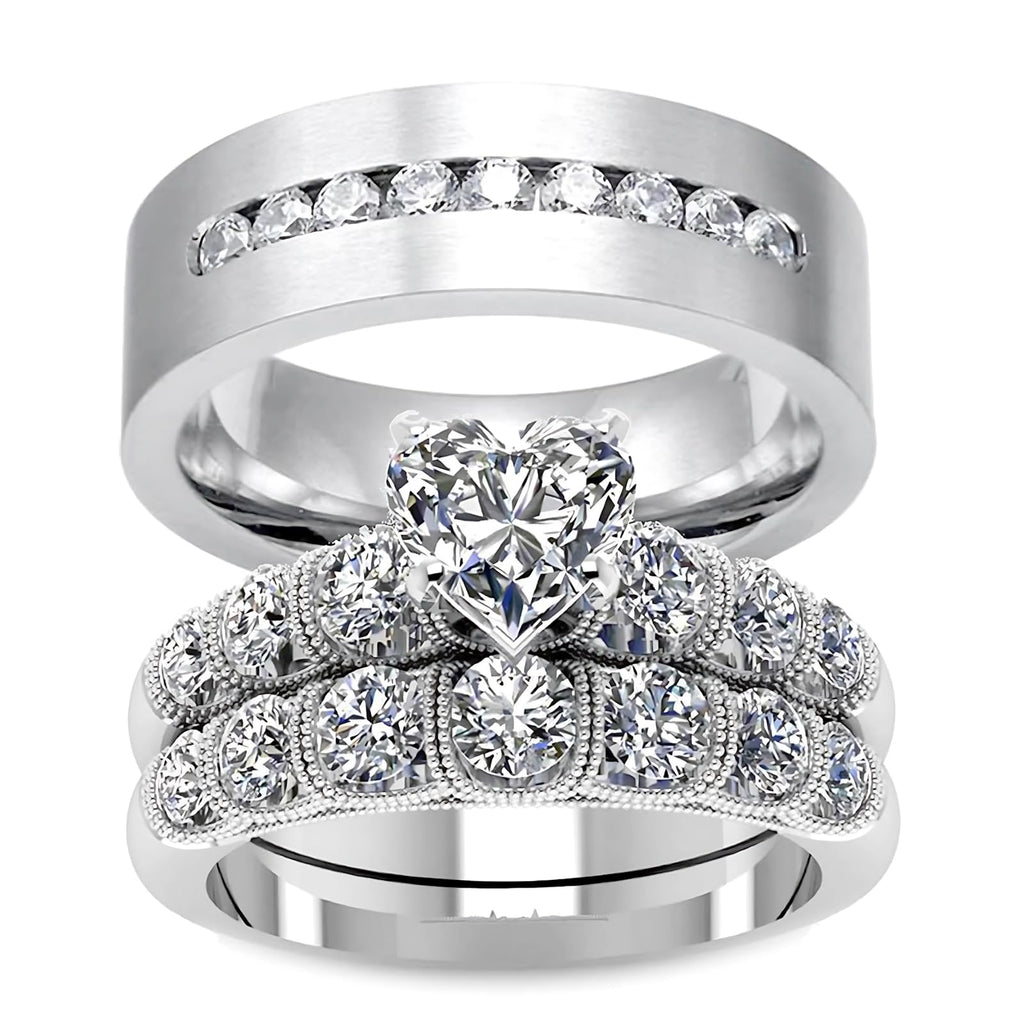 s925 10K 14K 18K Real Gold Couple Rings Sets, 3pcs Wedding Rings Set for Men and Women, Customized His and Her Matching Engagement Bands Set Free Engraving