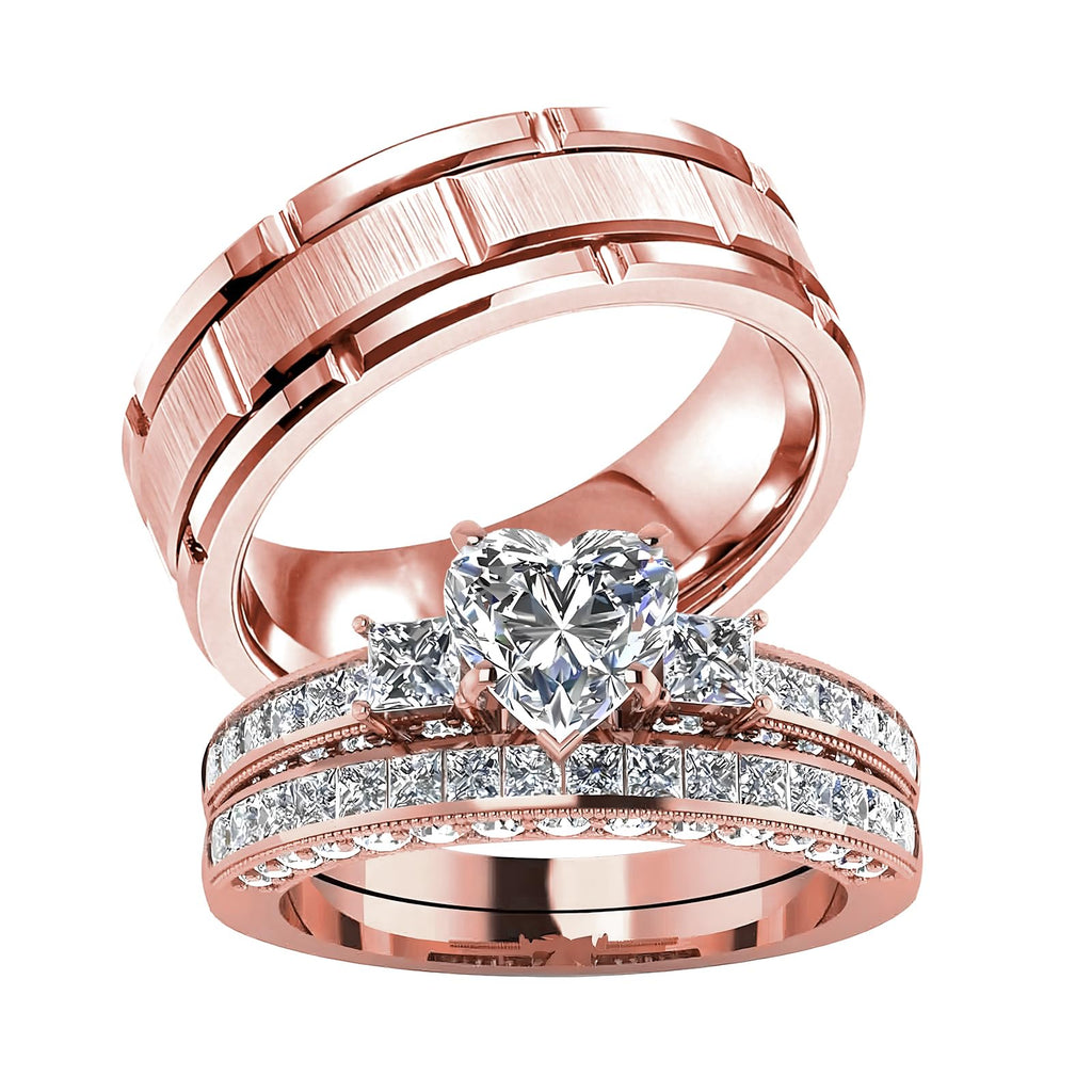 s925 10K 14K 18K Real Gold Couple Rings Sets, 3pcs Wedding Rings Set for Men and Women, Customized His and Her Matching Engagement Bands Set Free Engraving