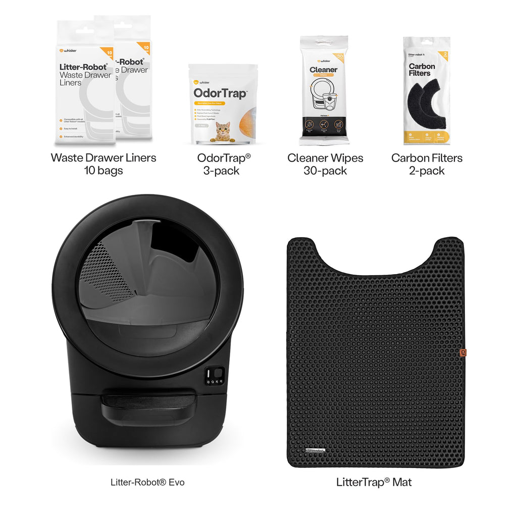 Litter-Robot EVO Bundle by Whisker, Black - Automatic Self-Cleaning Cat Litter Box, Compact Space-Saving Design, Advanced Odor Control, Includes Robot, Mat, and Supply Kit (Black)