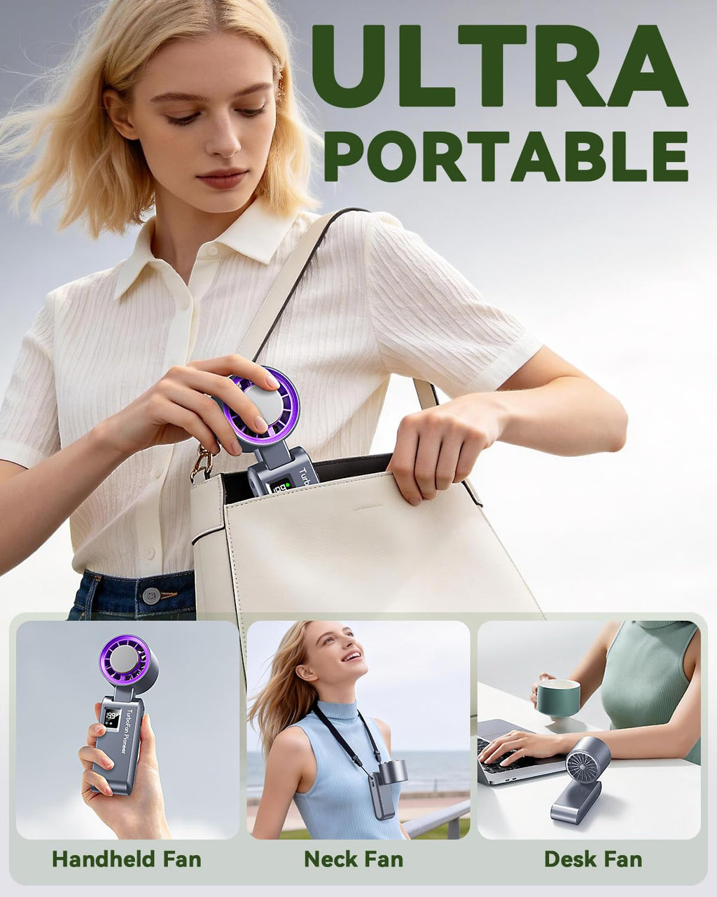 Handheld Portable Turbo Fan with Ice Cooler, Speed (1-199) Rechargeable Personal Fan[20000 RPM] Small Pocket Fans for Travel/Outdoor/Home/Office, Purple