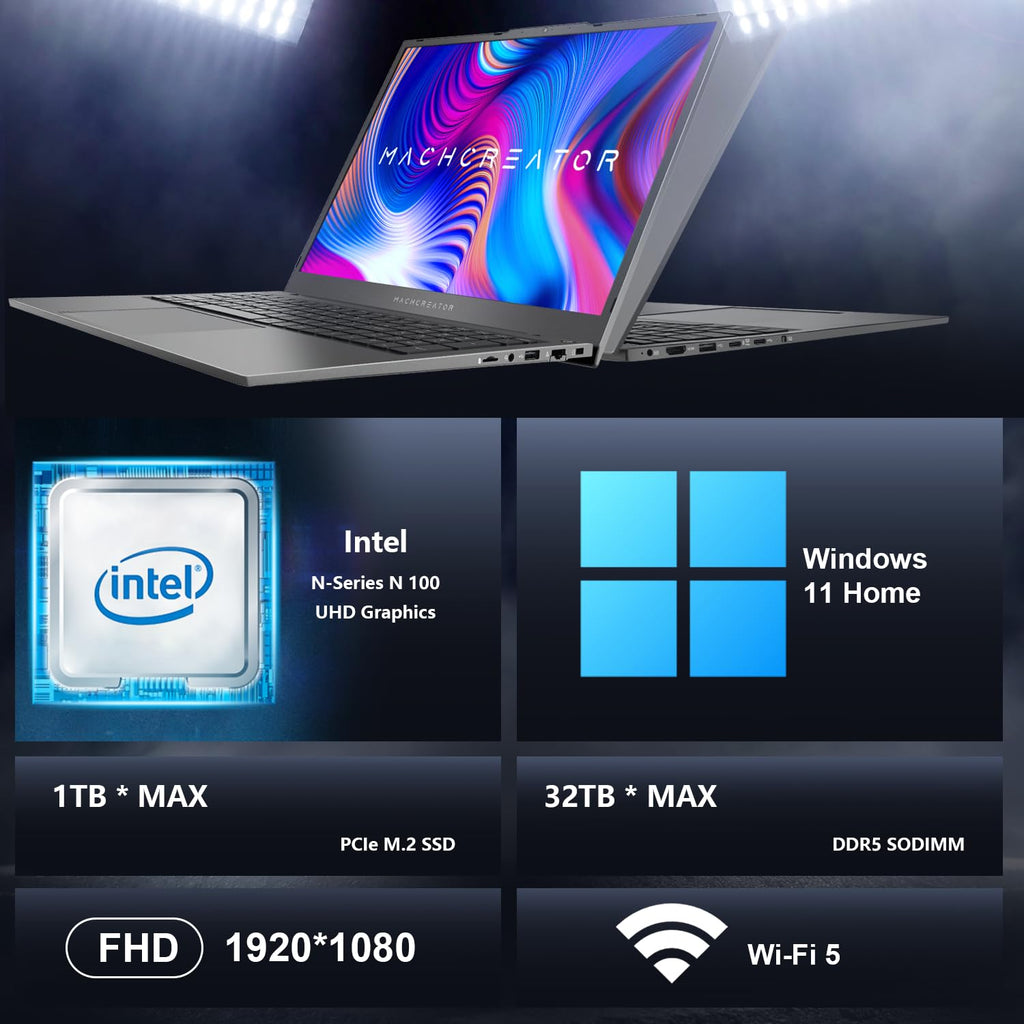 Machenike 17.3’’ Laptop, Intel Processor, 16GB DDR5 RAM, 1TB SSD, Backlit Keyboard, Large-Screen with 120Hz Refresh Rate, Perfect for Work, School, and Streaming, Windows 11 Home, Modern Grey