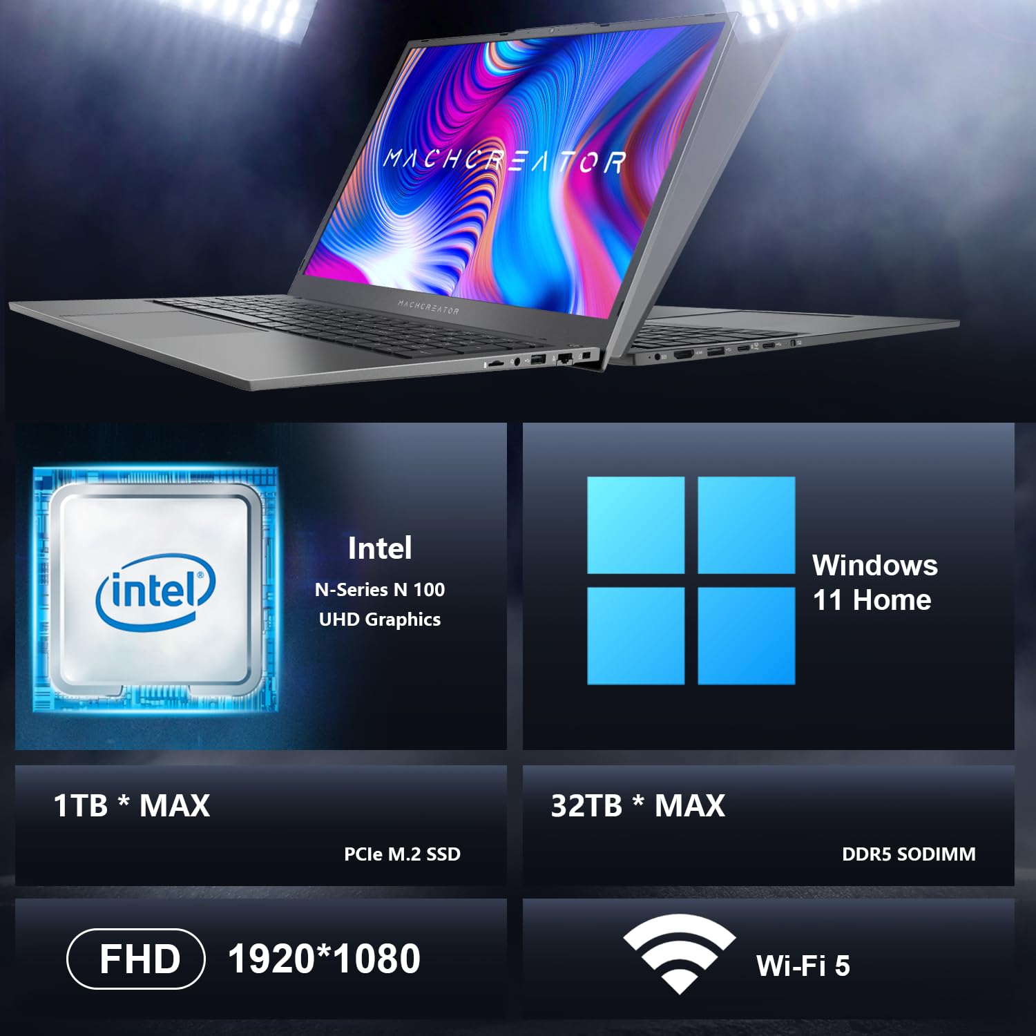 Machenike 17.3’’ Laptop, Intel Processor, 16GB DDR5 RAM, 1TB SSD, Backlit Keyboard, Large-Screen with 120Hz Refresh Rate, Perfect for Work, School, and Streaming, Windows 11 Home, Modern Grey