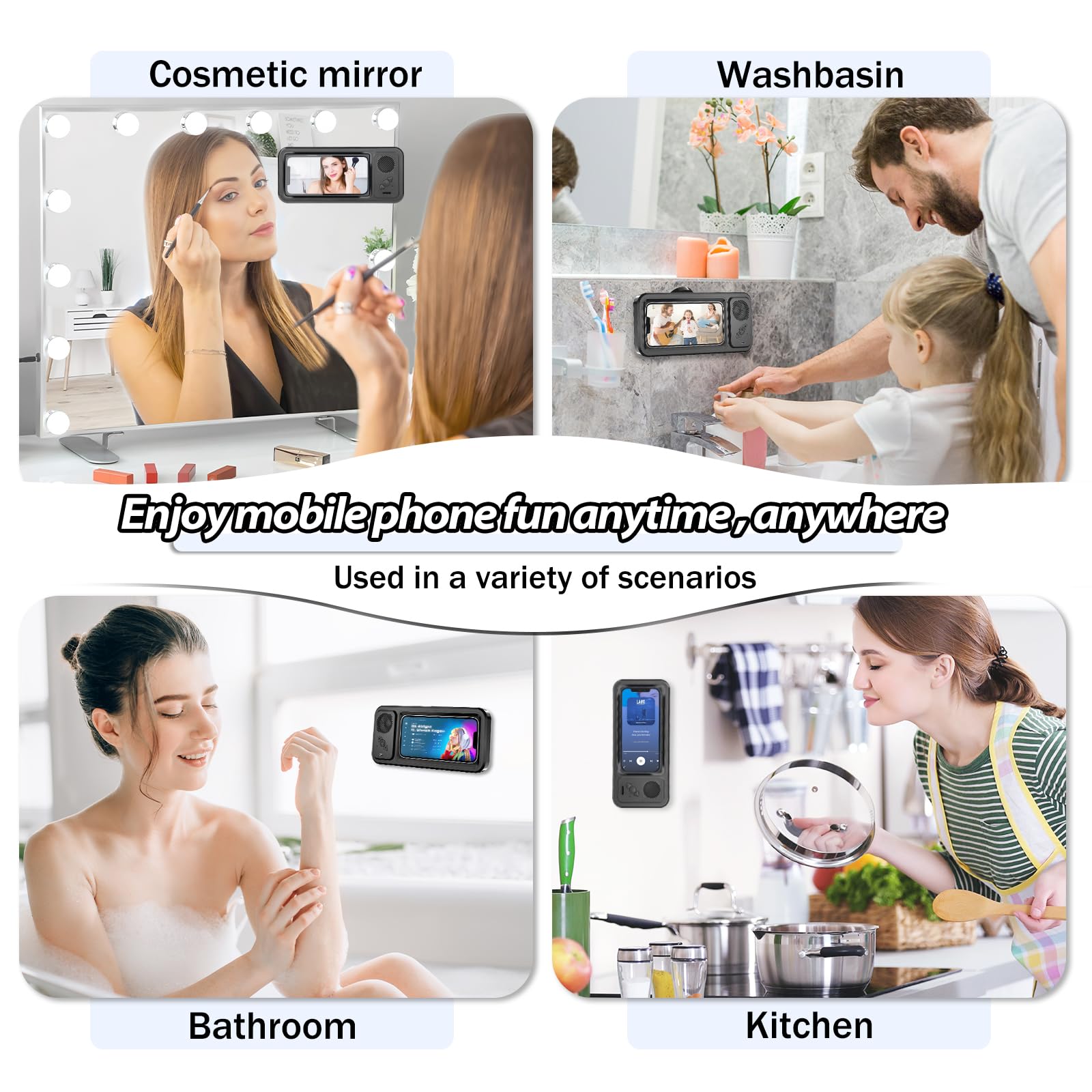 Shower Phone Holder with Wireless Bluetooth Speaker,2026 New Waterproof 480 Rotation Viewable Shower Phone Case Speaker for Any Phone, Wall Mounted Phoneholder for Bathroom Mirror,Gifts for Mom Dad