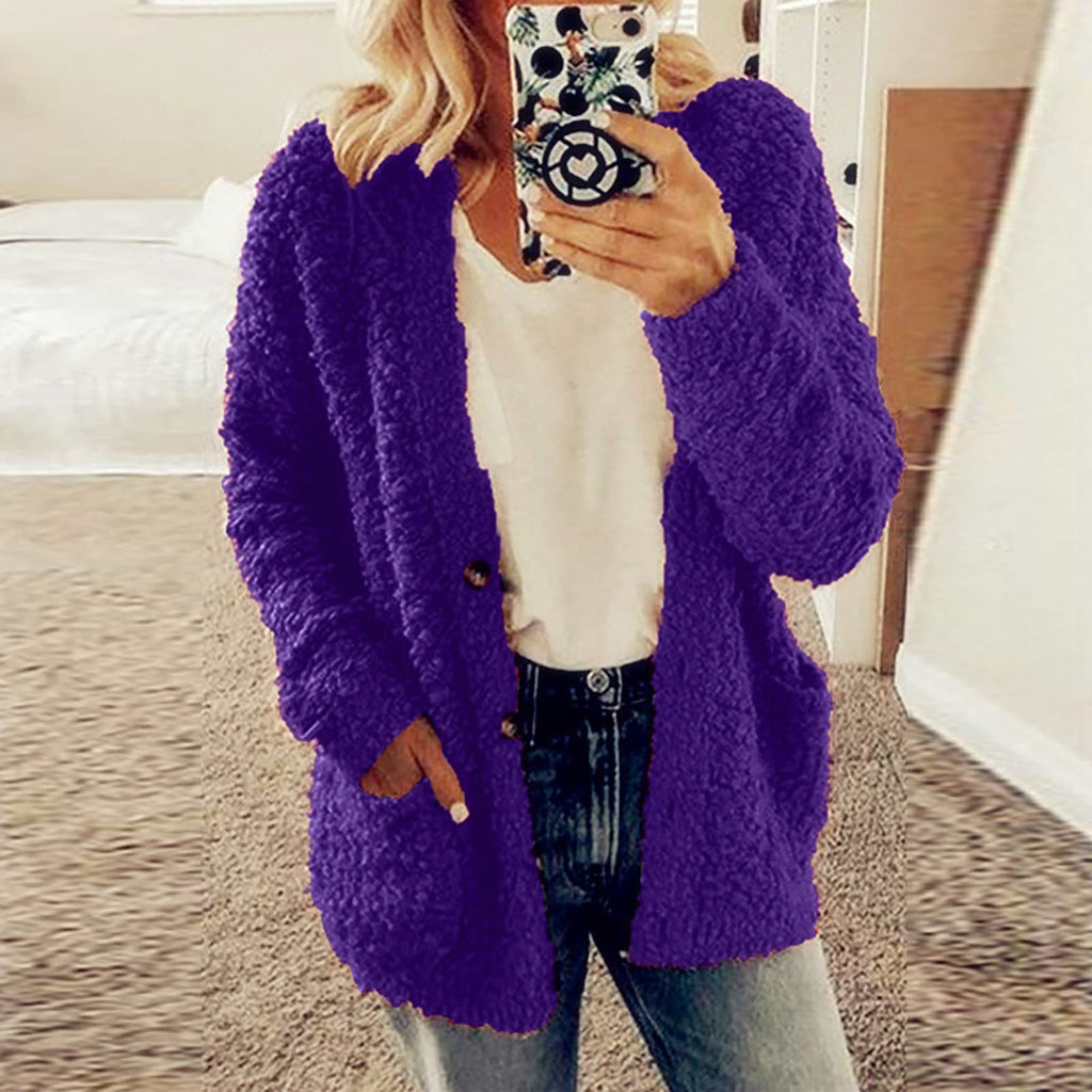 Cdiecer Fuzzy Jackets for Women Winter Sherpa Coat Autumn Winter Fleece Jacket Button Solid Color Cardigan With Pockets