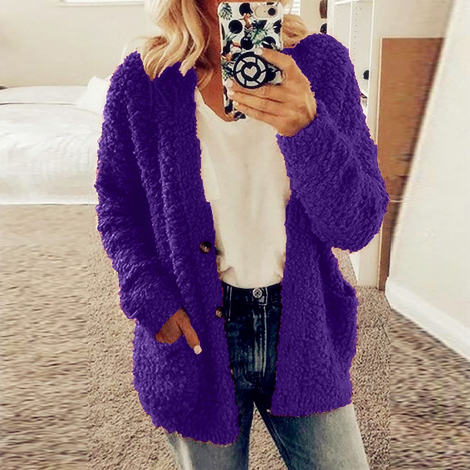 Cdiecer Fuzzy Jackets for Women Winter Sherpa Coat Autumn Winter Fleece Jacket Button Solid Color Cardigan With Pockets