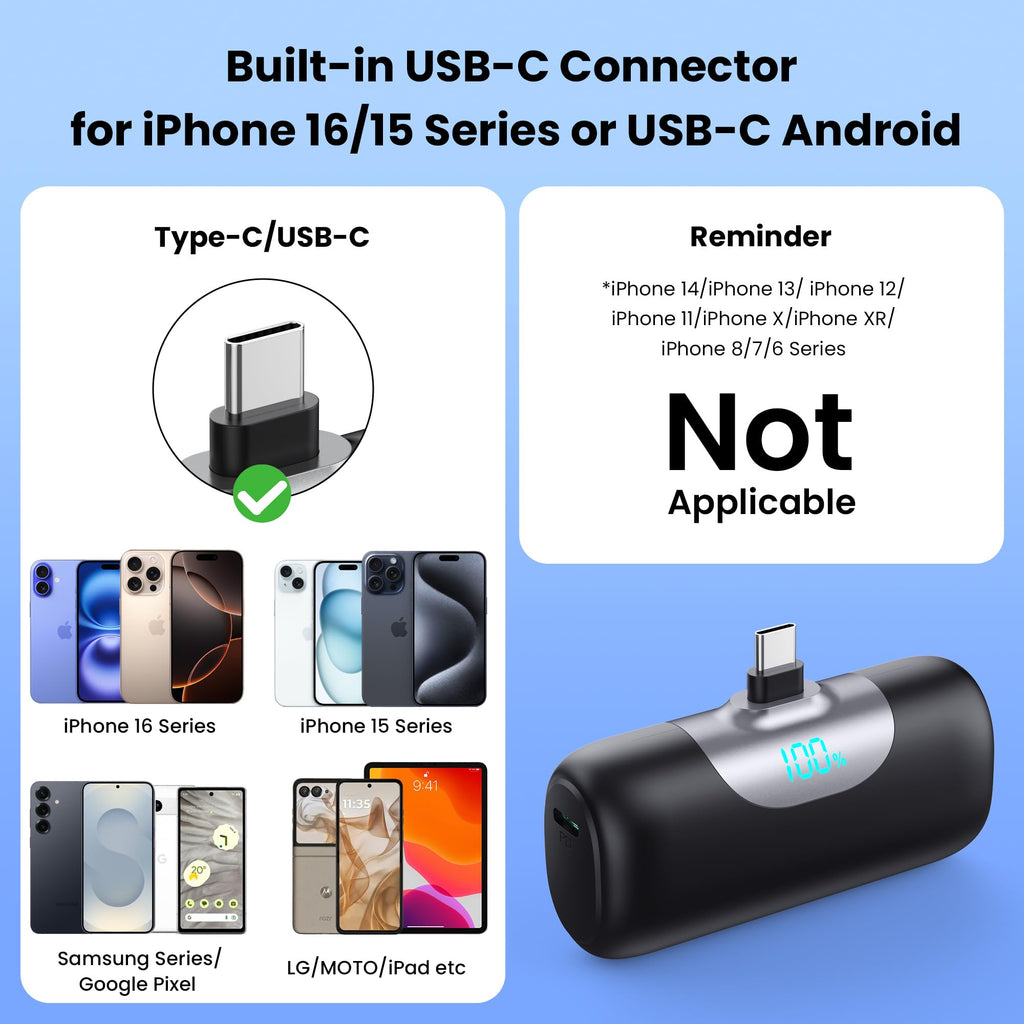 Mini Portable Charger USB C Power Bank,Upgraded 5000mAh PD Fast Charging Battery Pack Built-in USB-C Connector Travel Essential for iPhone17/17Pro/17Pro Max/Air/16 Plus/16Pro Max/15 Series Android