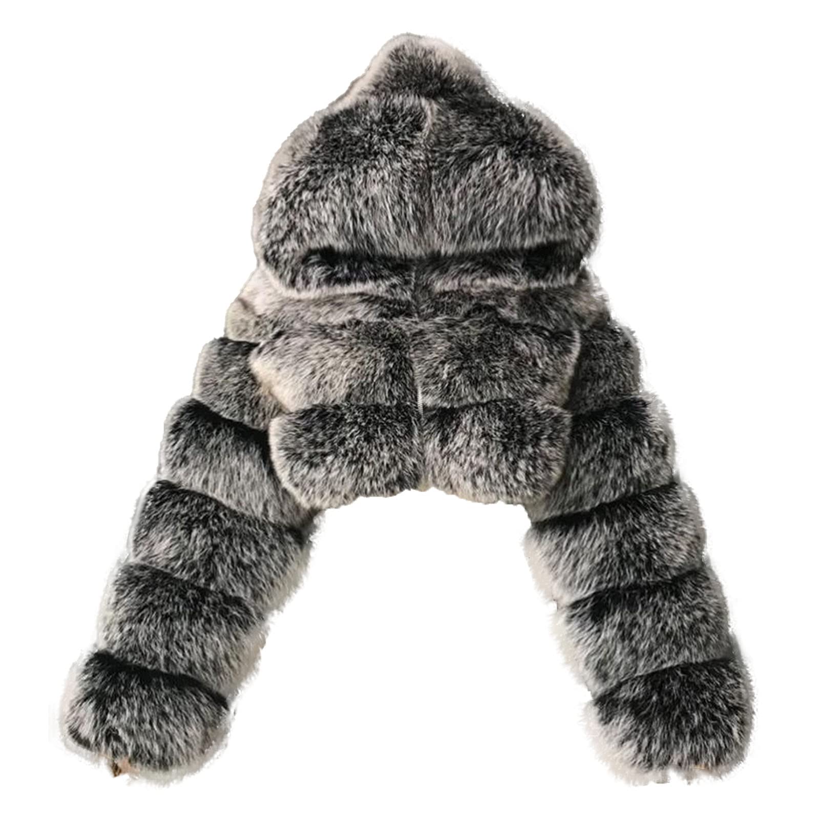 JEsilunmaMY Womens Fluffy Fur Short Coat Zip Long Sleeve Fleece Fuzzy Hooded Jacket Winter Warm Shaggy Shearling Outwear