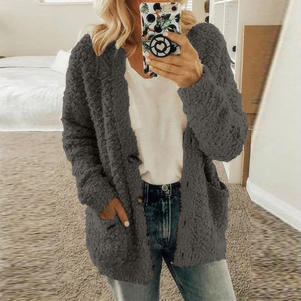 Cdiecer Fuzzy Jackets for Women Winter Sherpa Coat Autumn Winter Fleece Jacket Button Solid Color Cardigan With Pockets