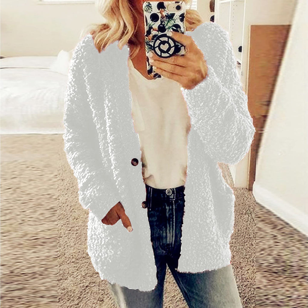 Cdiecer Fuzzy Jackets for Women Winter Sherpa Coat Autumn Winter Fleece Jacket Button Solid Color Cardigan With Pockets