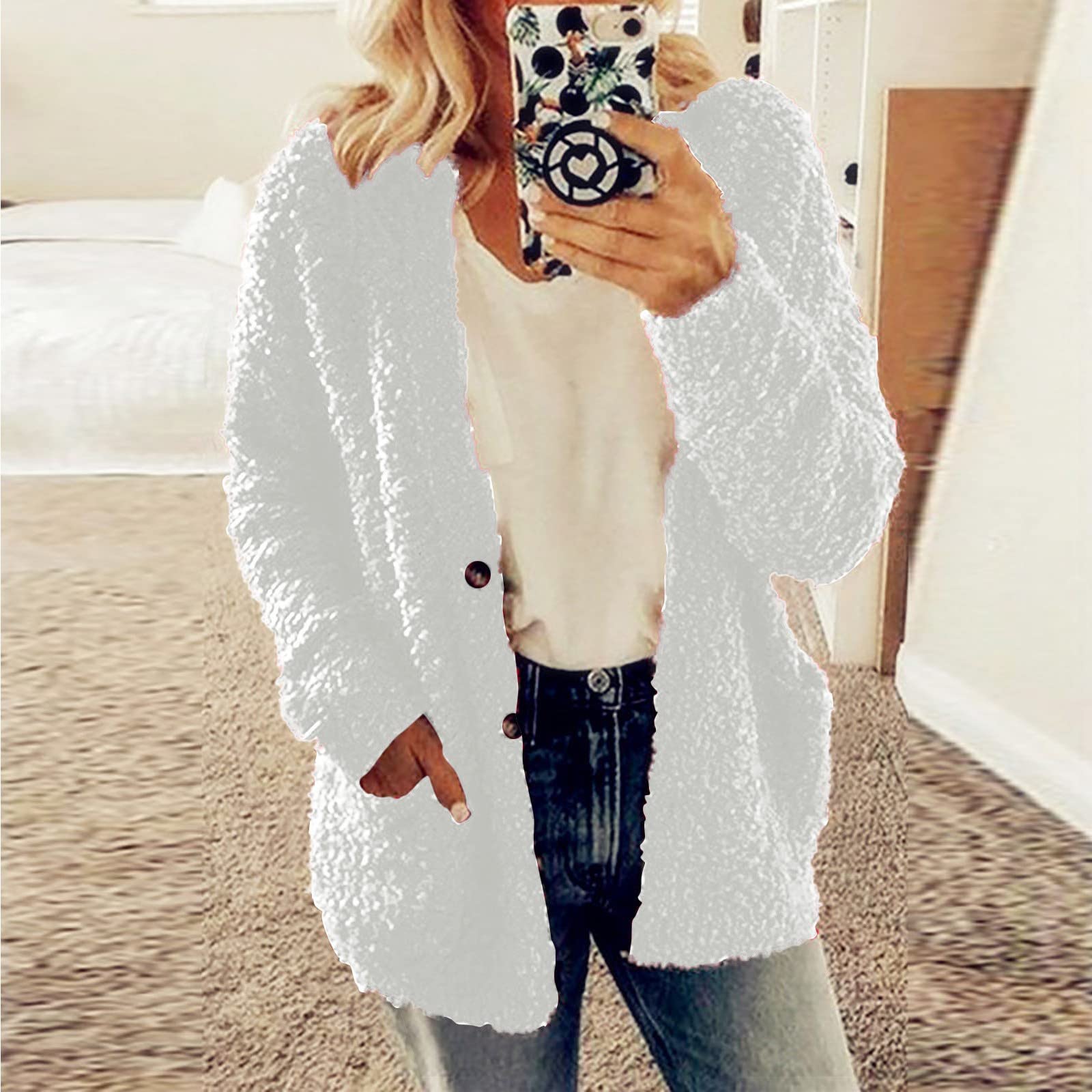 Cdiecer Fuzzy Jackets for Women Winter Sherpa Coat Autumn Winter Fleece Jacket Button Solid Color Cardigan With Pockets