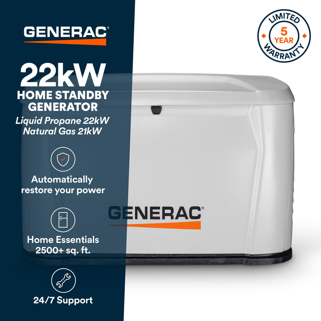 Generac 22kW Home Standby Generator for home use, built-in cellular connectivity, whole house generator for power backup