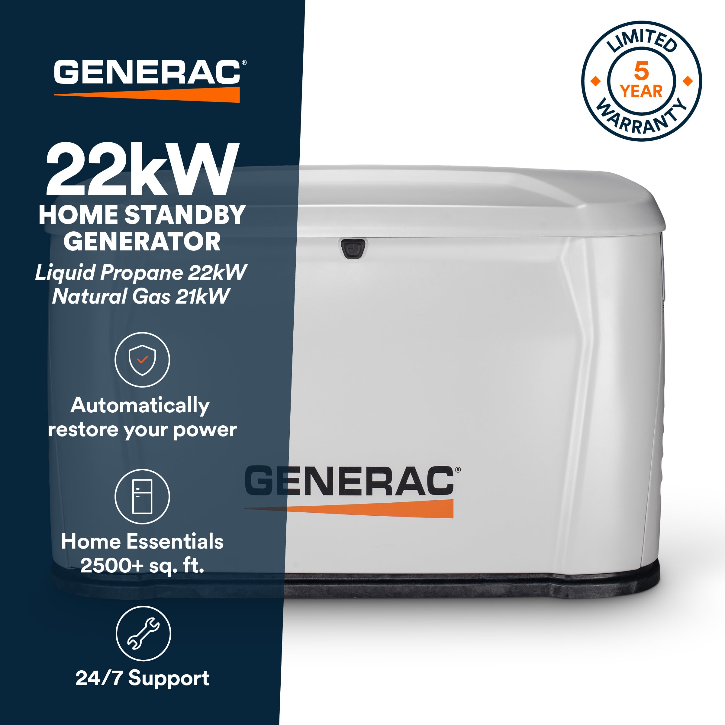 Generac 22kW Home Standby Generator for home use, built-in cellular connectivity, whole house generator for power backup
